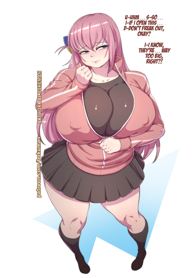 bokuman, gotoh hitori, bocchi the rock!, 1girl, alternate breast size (larger), black socks, breasts, covered erect nipples, huge breasts, lips, long hair, looking to the side, partially unzipped, pink hair, skirt, socks, solo, standing, talking, thighs, watermark, web address