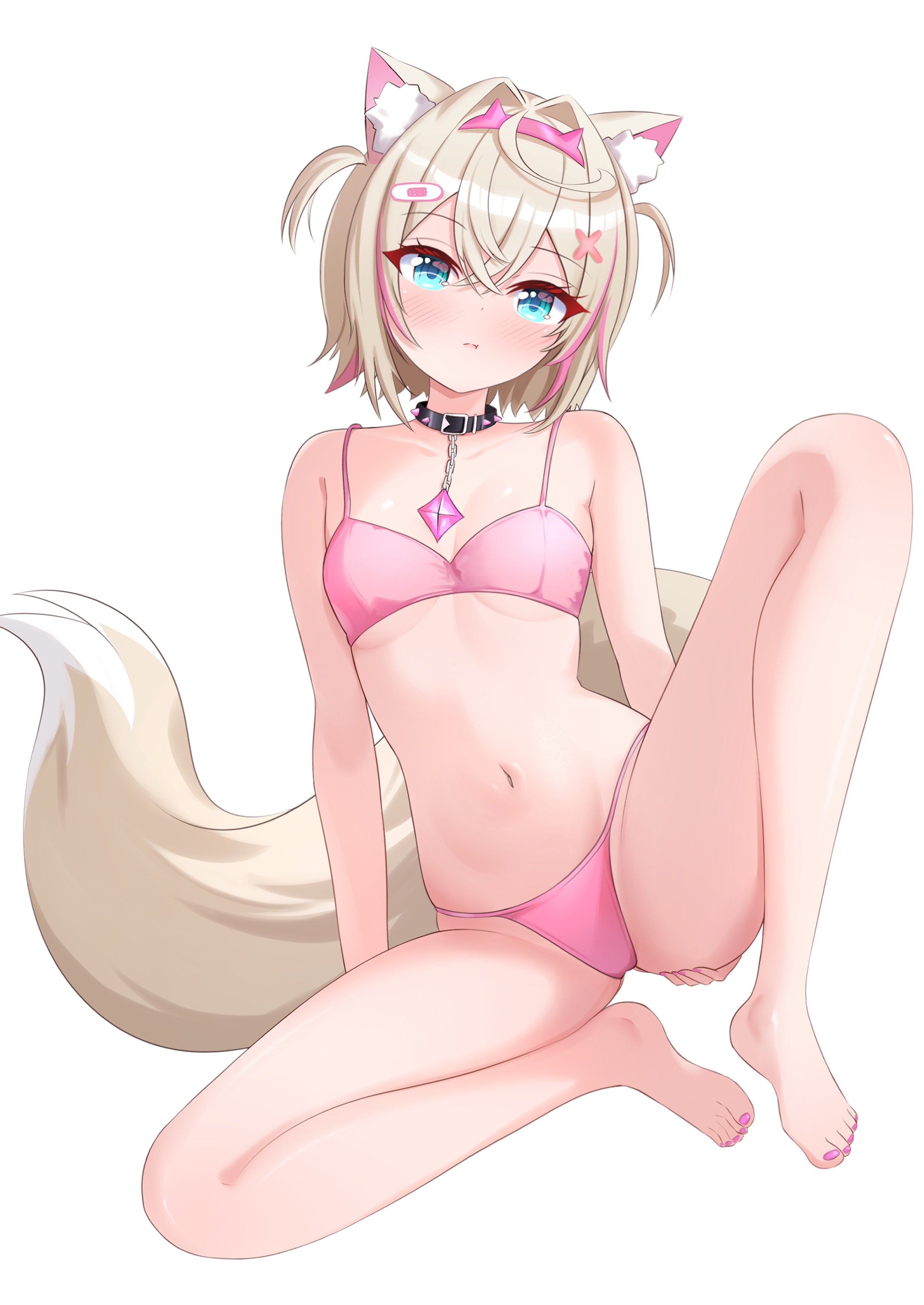 yoruhanamai, mococo abyssgard, hololive, hololive english, absurdres, highres, 1girl, animal ear fluff, animal ears, black collar, blue eyes, blush, bra, breasts, collar, dog ears, dog girl, full body, navel, panties, pink bra, pink hair, pink panties, simple background, sitting, small breasts, solo, two side up, underwear, virtual youtuber, white background