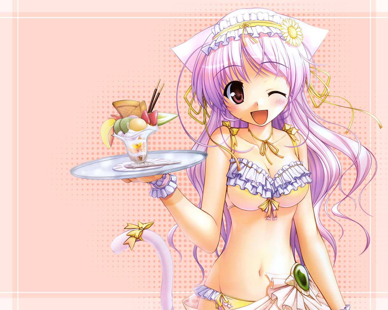 bekkankou, original, 1girl, animal ears, bikini, blush, bow, breasts, cat ears, cat tail, cleavage, dessert, female focus, flower, food, frilled bikini, frills, fruit, hair ribbon, hat, ice cream, large breasts, long hair, looking at viewer, navel, one eye closed, open mouth, parfait, pocky, purple hair, red eyes, ribbon, smile, solo, spoon, swimsuit, tail, tail ornament, tail ribbon, wink