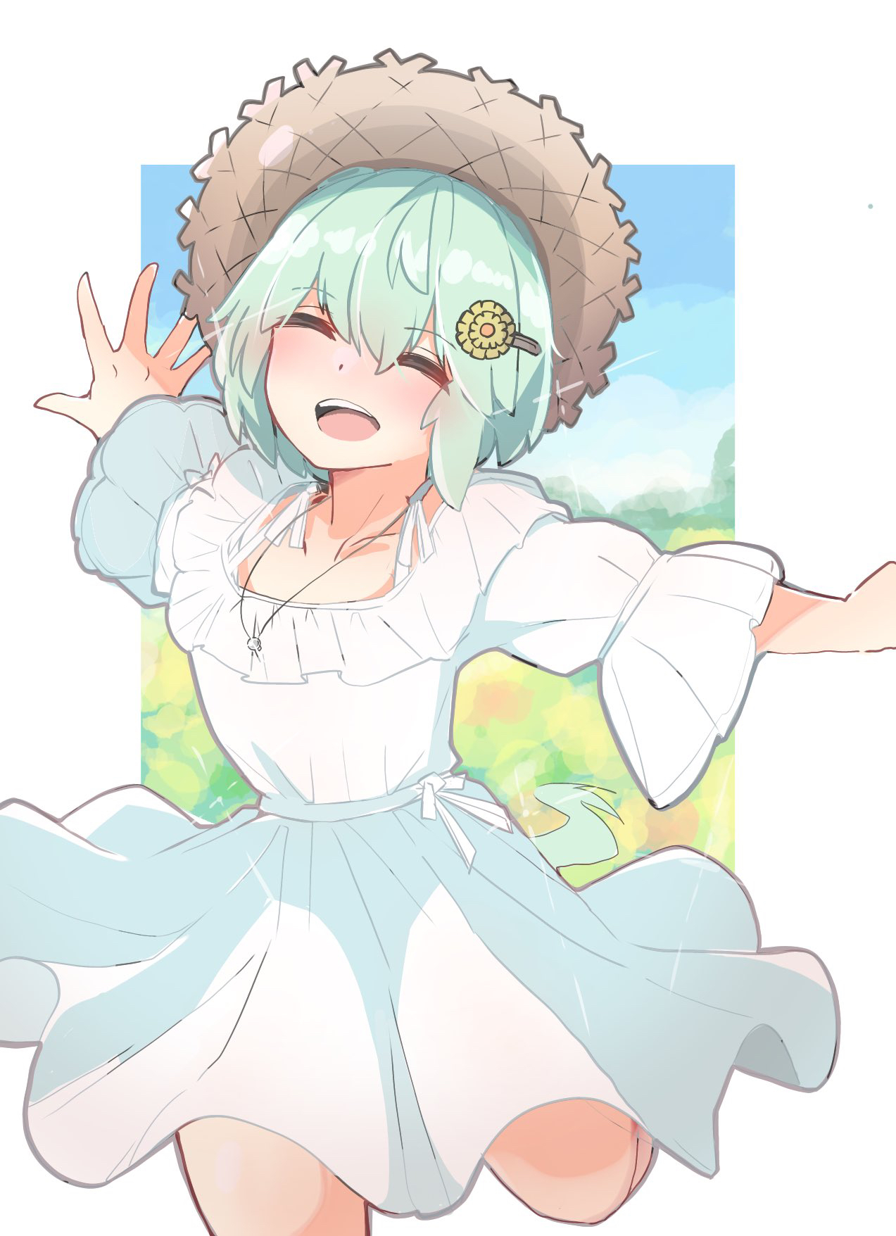 kawamochi (tddm3573), seiun sky (umamusume), umamusume, highres, 1girl, :d, ^ ^, animal ears, blue sky, brown hat, closed eyes, cloud, collarbone, day, dress, facing viewer, flower, green hair, hair flower, hair ornament, hairclip, hat, horse ears, horse girl, horse tail, long sleeves, open mouth, outstretched arms, sky, smile, solo, spread arms, straw hat, tail, white dress, wide sleeves, yellow flower