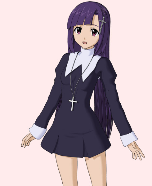 hokusen, zange, kannagi, 00s, 1girl, 3d, cross, cross necklace, female focus, jewelry, long hair, looking at viewer, necklace, open mouth, simple background, smile, solo