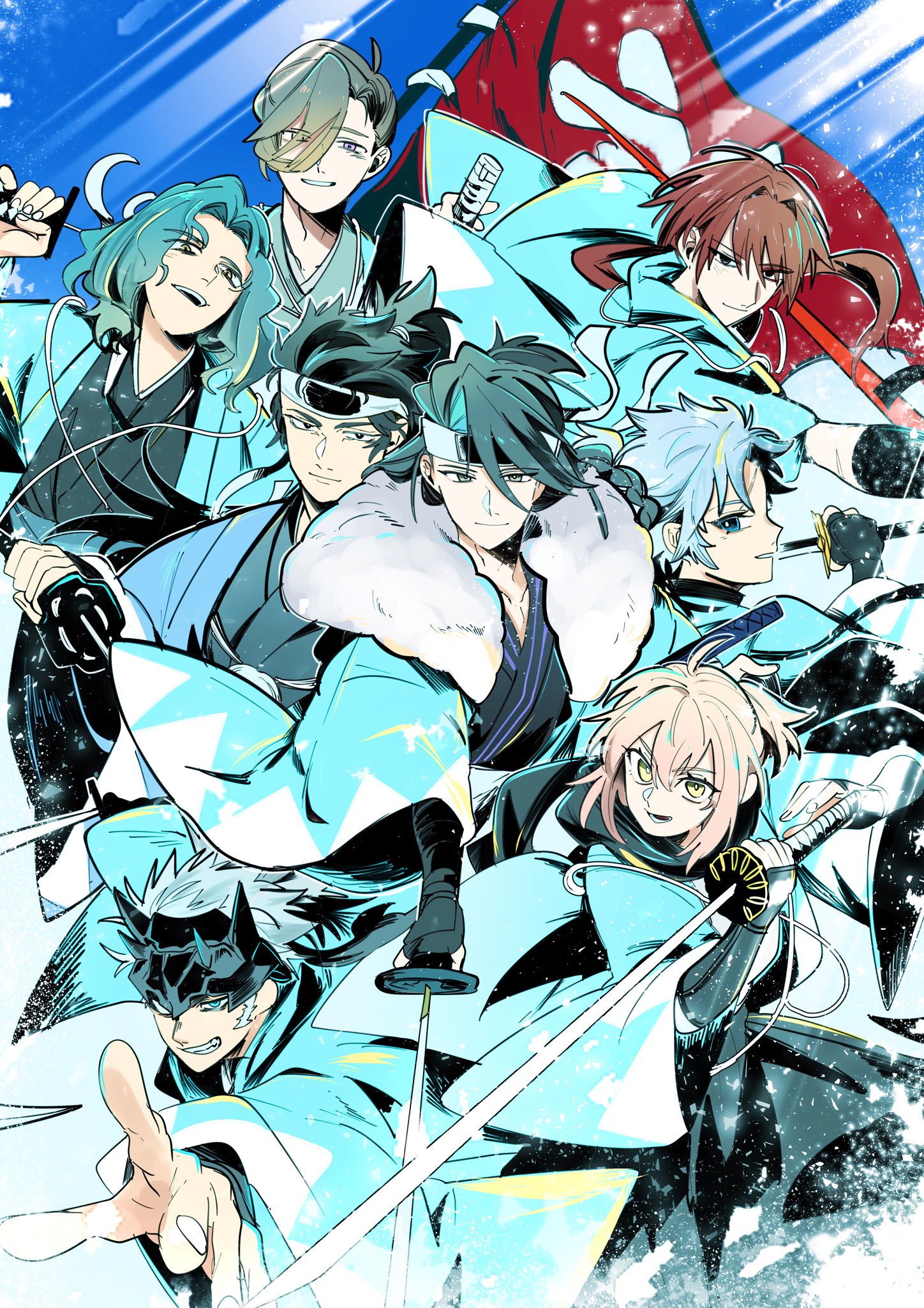 kuriimu0203, hijikata toshizou (fate), okita souji (fate), saitou hajime (fate), saitou hajime (third ascension) (fate), yamanami keisuke (fate), fate/grand order, fate (series), highres, 1girl, 6+boys, ahoge, black hair, black scarf, blonde hair, blue eyes, blue haori, braid, brown hair, flag, forehead protector, grey eyes, grey hair, grin, hair over one eye, haori, harada sanosuke (fate), holding, holding polearm, holding sword, holding weapon, japanese clothes, katana, kondou isami (fate), multiple boys, okita souji (teal haori and hakama) (fate), polearm, ponytail, scar, scar on face, scar on forehead, scarf, shinsengumi, shinsengumi (fate), smile, sword, toudou heisuke (fate), weapon, yamanami keisuke (third ascension) (fate), yellow eyes