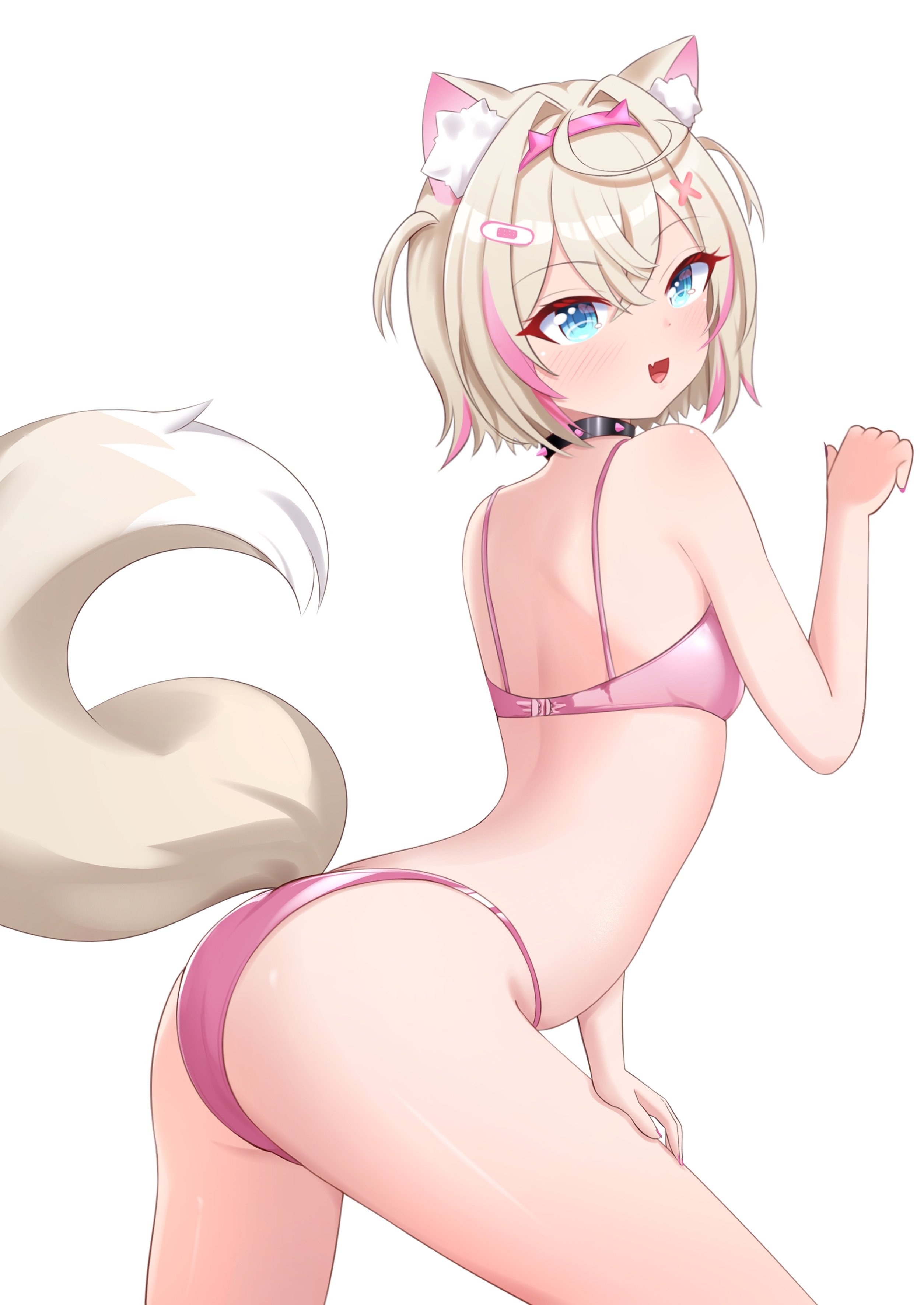 yoruhanamai, mococo abyssgard, hololive, hololive english, absurdres, highres, 1girl, animal ear fluff, animal ears, ass, black collar, blue eyes, blush, bra, breasts, claw pose, collar, dog ears, dog girl, from behind, navel, panties, pink bra, pink hair, pink panties, simple background, small breasts, solo, two side up, underwear, virtual youtuber, white background