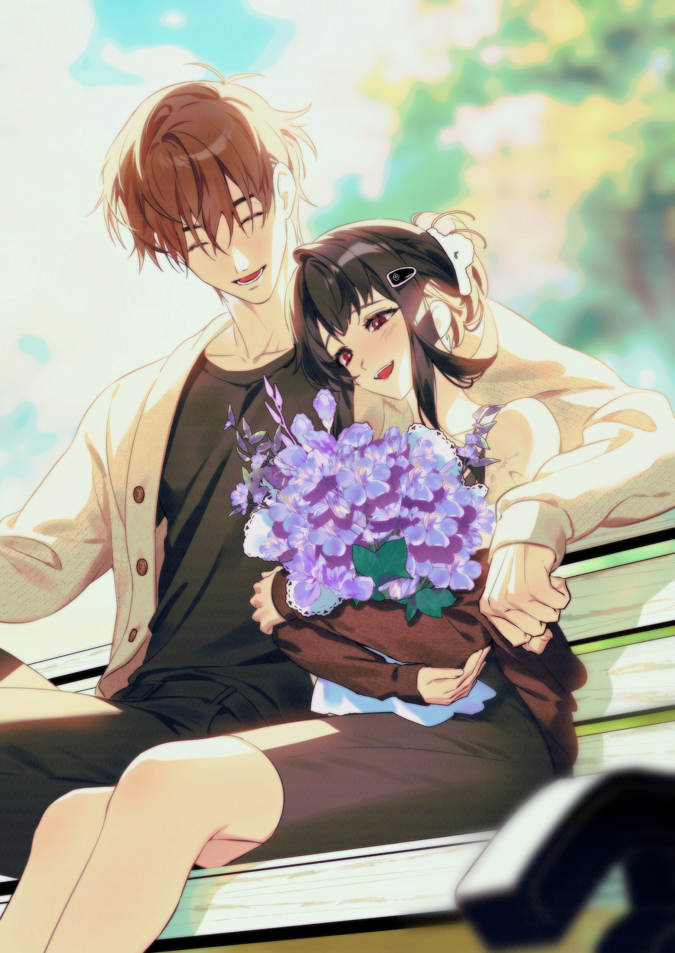laejjo, commander (nikke), d (killer wife) (nikke), d (nikke), goddess of victory: nikke, absurdres, highres, korean commentary, 1boy, 1girl, black hair, bouquet, brown hair, dongtan dress, dress, flower, grey dress, holding, holding bouquet, official alternate costume, purple flower, shirt, smile
