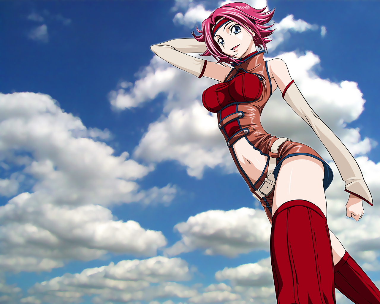 kouzuki kallen, code geass, 00s, bare shoulders, belt, blue eyes, cloud, day, detached sleeves, headband, midriff, navel, red hair, short hair, sky, sleeveless, sleeveless turtleneck, smile, solo, thighhighs, turtleneck