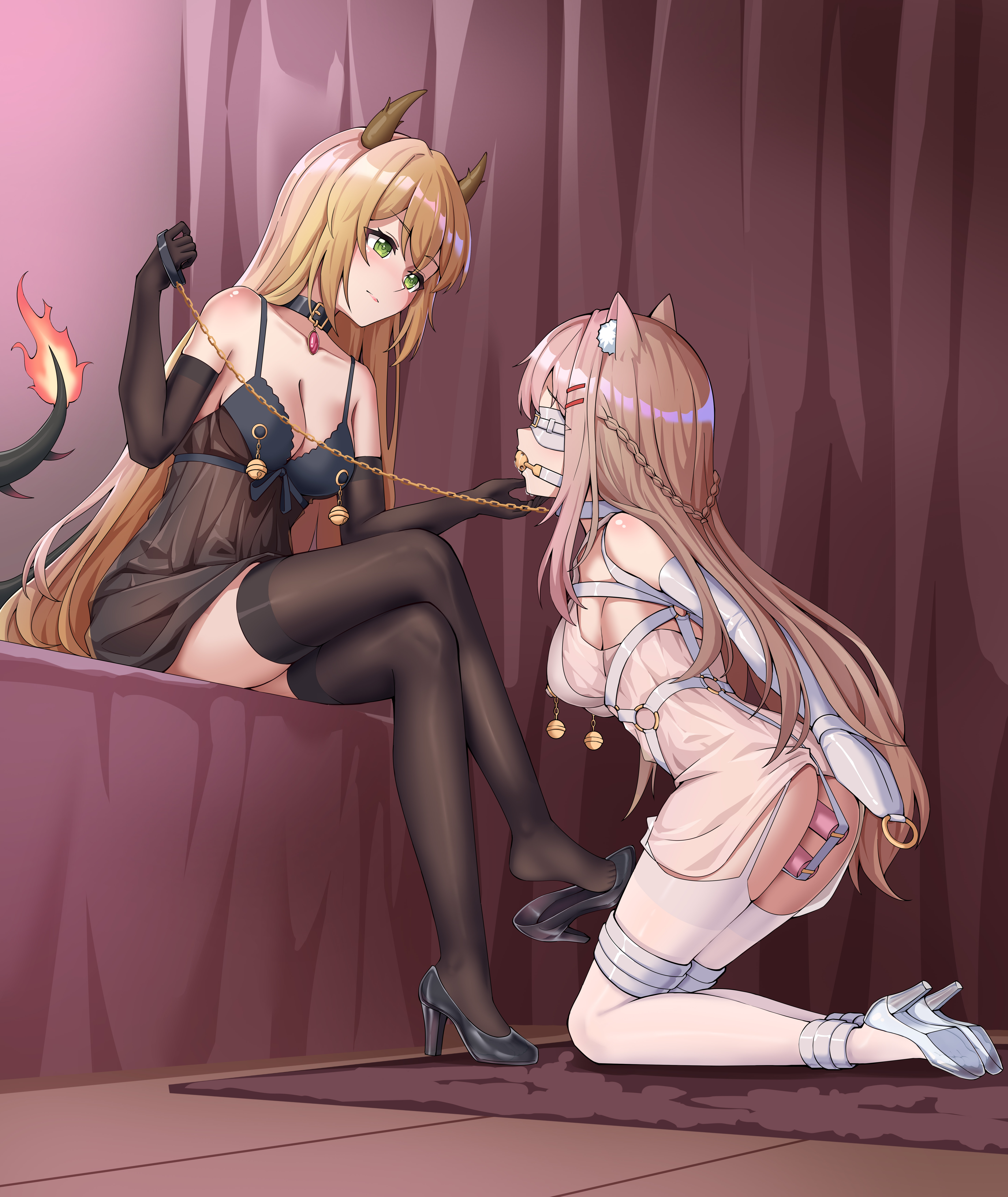 t zhonglang, original, absurdres, highres, anal, anal object insertion, animal ear fluff, animal ears, armbinder, arms behind back, ball gag, bare shoulders, bdsm, black bra, black choker, black gloves, black thighhighs, blindfold, blonde hair, bondage, bound, bra, breasts, choker, cleavage, collarbone, double penetration, drooling, elbow gloves, gag, gagged, gloves, green eyes, high heels, horns, kneeling, long hair, looking at another, medium hair, nipple piercing, object insertion, piercing, restrained, shibarikini, sitting, skindentation, thighhighs, underwear, vaginal, very long hair, white thighhighs, wiffle gag, yuri