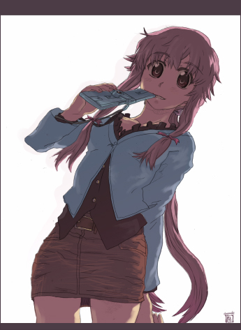 dagashi (place), gasai yuno, mirai nikki, lowres, 1girl, cellphone, female focus, long hair, phone, pink hair, ribbon, solo, yandere