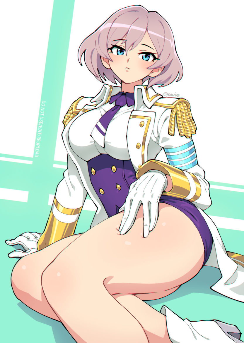 333 (dqqqdle), mujina, gridman universe, ssss.dynazenon, commentary, 1girl, ankle boots, arm support, blue eyes, blush, boots, breasts, closed mouth, coat, corset, epaulettes, foot out of frame, gloves, hair between eyes, hand on own thigh, high heel boots, high heels, large breasts, long sleeves, looking at viewer, necktie, open clothes, open coat, purple corset, purple hair, purple necktie, shirt, short hair, short necktie, sitting, solo, thighs, twitter username, white boots, white coat, white gloves, white shirt, yokozuwari