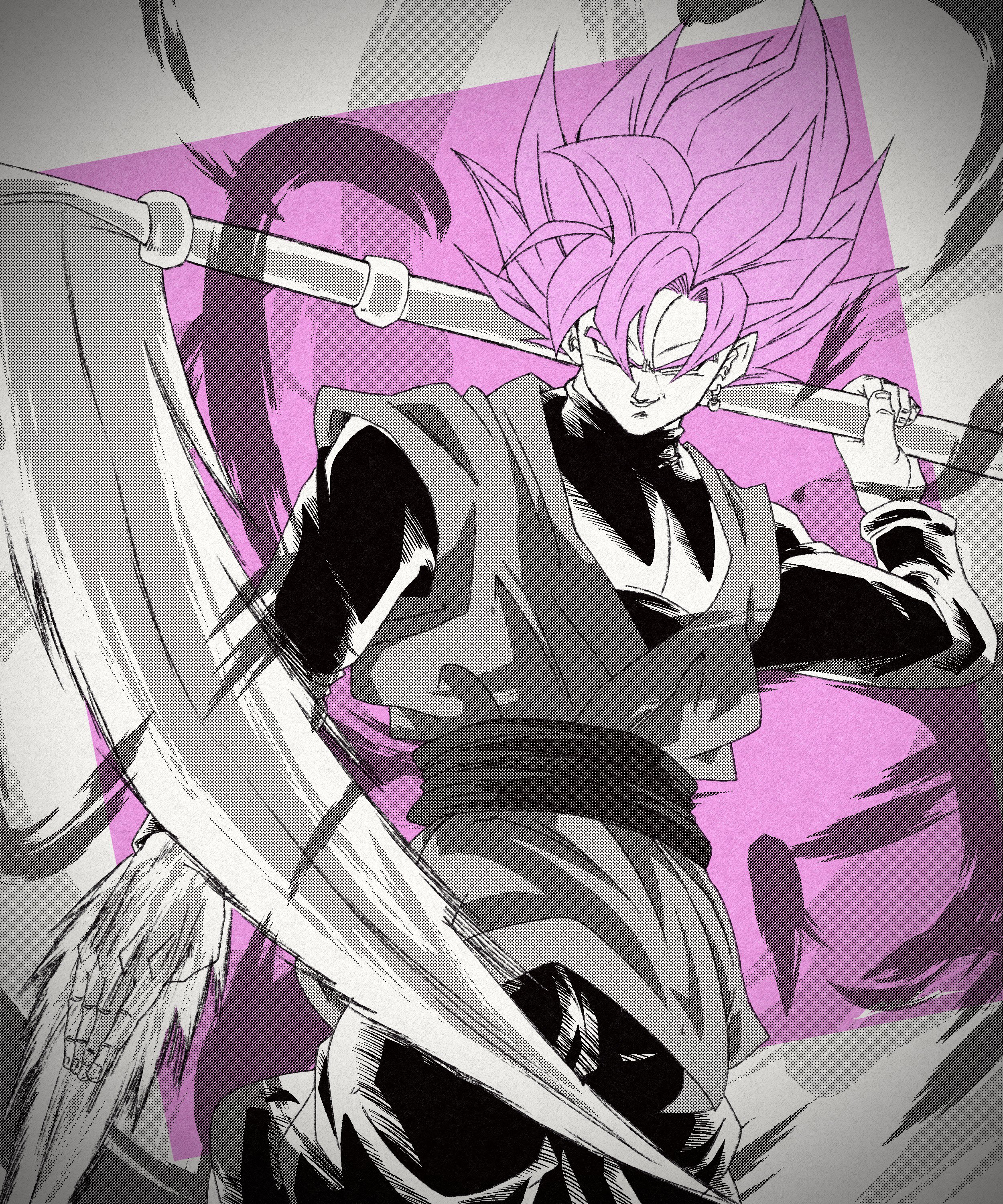 noir illust, goku black, dragon ball, dragon ball super, absurdres, highres, 1boy, arm blade, cowboy shot, earrings, energy blade, energy sword, grey background, holding, holding scythe, jewelry, limited palette, medium hair, partially colored, pink hair, potara earrings, scythe, simple background, single earring, solo, super saiyan, super saiyan rose, sword, tunic, weapon