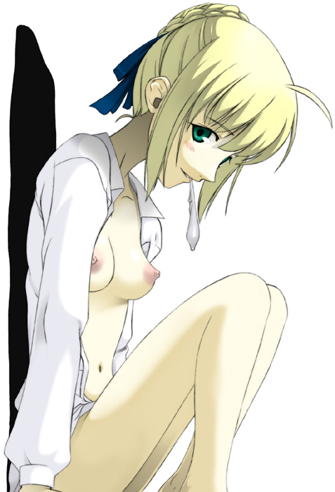 artoria pendragon (fate), saber (fate), fate/stay night, fate (series), 00s, 1girl, ahoge, blonde hair, blue eyes, blush, braid, braided bun, condom, condom in mouth, female focus, green eyes, hair bun, mouth hold, nipples, nude, open clothes, open shirt, ribbon, shirt, solo, used condom