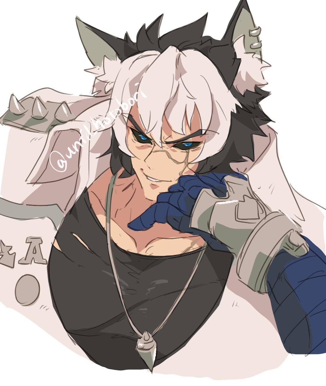 until hotobori, komano manato, zenless zone zero, highres, 1boy, animal ears, black eyes, black hair, black shirt, blue bandages, blue pupils, coat, dog boy, dog ears, ear piercing, hand on own face, jewelry, komano manato (white heart silhouette), looking at viewer, multicolored hair, multiple scars, muscular, muscular male, necklace, official alternate color, official alternate hair color, pectorals, piercing, scar, scar across eye, scar on face, shirt, smile, solo, spiked jacket, teeth, torn clothes, torn shirt, twitter username, white background, white coat, white hair