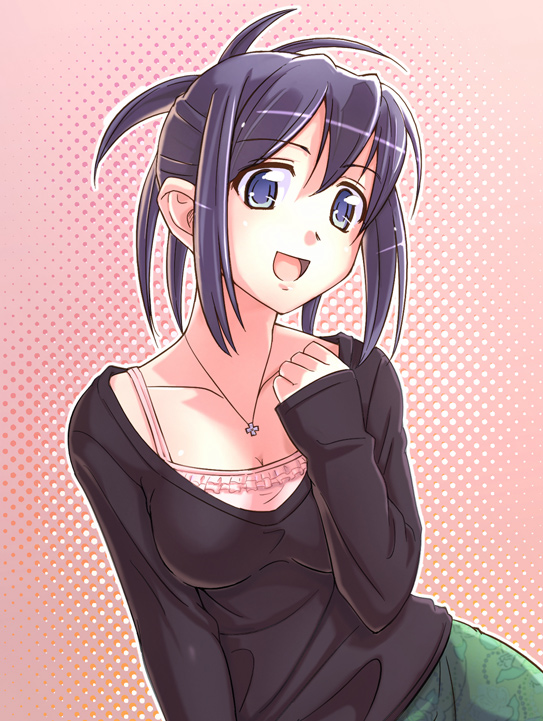 e20, torii haruka, original, 1girl, blue eyes, female focus, hair up, jewelry, necklace, purple hair, solo, sweater