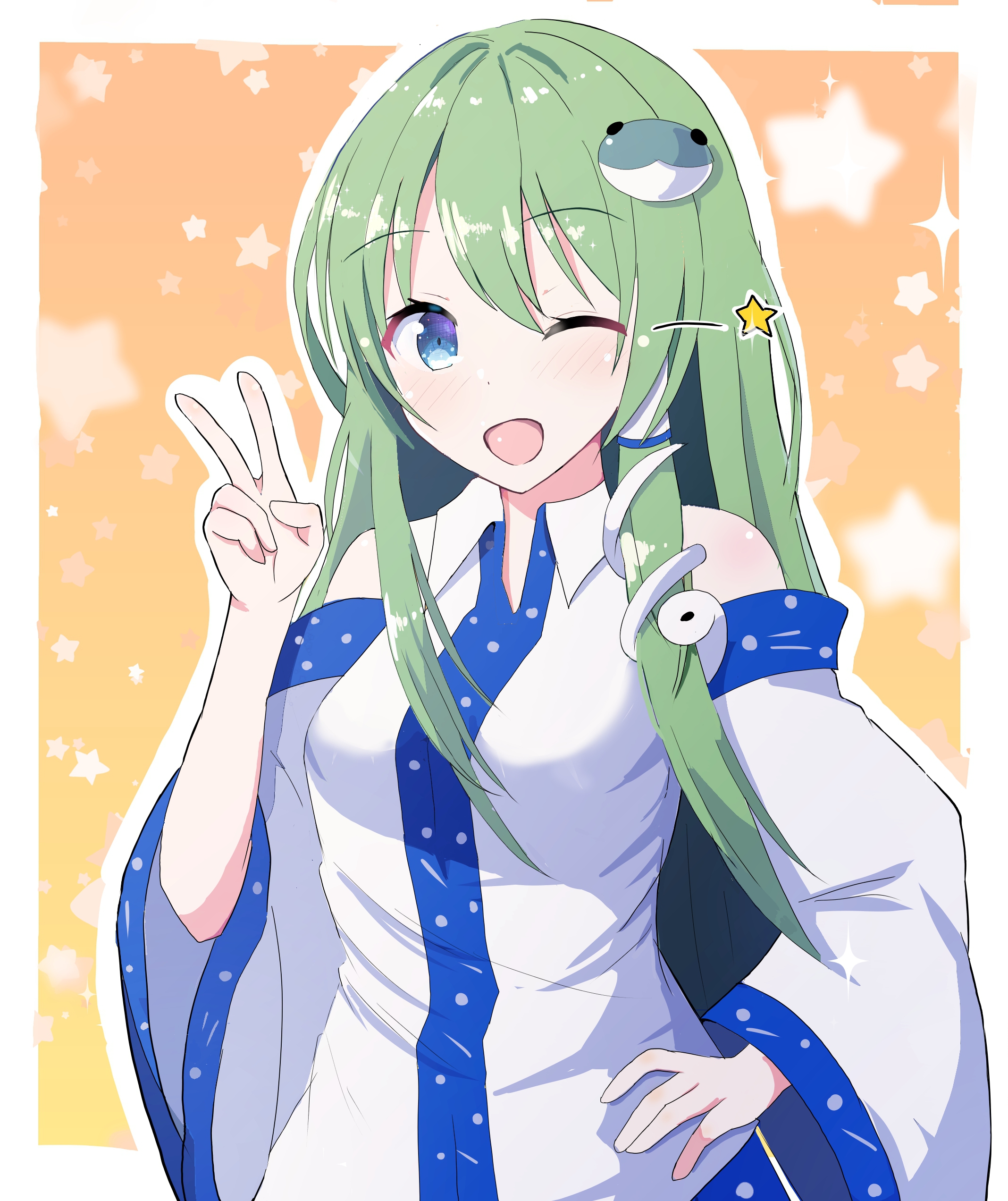 hakuda32, kochiya sanae, mountain of faith, touhou, absurdres, highres, 1girl, bare shoulders, blue eyes, blue skirt, blush, breasts, collared shirt, detached sleeves, dot nose, double-parted bangs, frog hair ornament, green hair, hair intakes, hair ornament, hair tubes, long hair, long sleeves, looking at viewer, medium breasts, one eye closed, open mouth, orange background, patterned clothing, print skirt, shirt, single hair tube, single sidelock, skirt, skirt set, sleeveless, sleeveless shirt, snake hair ornament, solo, star (symbol), star symbol background, upper body, v, wide sleeves, wing collar