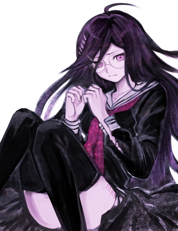 fukawa toko, danganronpa (series), danganronpa another episode: ultra despair girls, commentary request, 1girl, black serafuku, black shirt, black skirt, black thighhighs, closed mouth, collared shirt, glasses, hair between eyes, hair ornament, hairclip, long hair, long sleeves, namako (dokunamako18), neckerchief, purple eyes, purple hair, red neckerchief, round eyewear, sailor collar, scar, scar on leg, school uniform, serafuku, shirt, simple background, skirt, solo, tally, thighhighs, thighs, torn sleeve, very long hair, white background, white sailor collar
