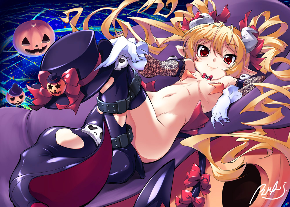 sorimura youji, original, 1girl, blonde hair, demon tail, elbow gloves, female focus, flat chest, gloves, horns, jack-o'-lantern, loli, lying, nude, pasties, pointy ears, pumpkin, red eyes, solo, tail, thighhighs, twintails