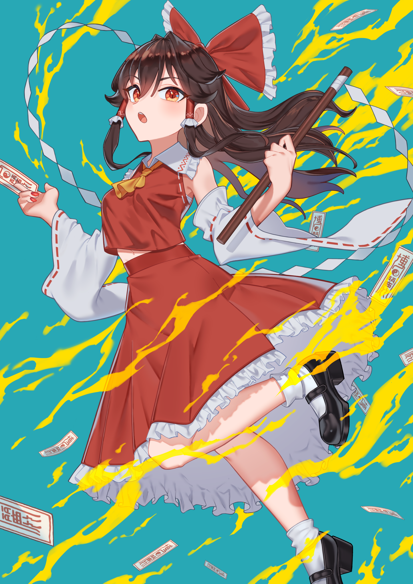 tegami (seka), hakurei reimu, touhou, commentary request, highres, 1girl, ascot, between fingers, black shoes, blue background, bow, brown hair, detached sleeves, frilled bow, frilled hair tubes, frilled skirt, frills, gohei, hair bow, hair tubes, holding, holding gohei, leg up, long hair, looking at viewer, mary janes, ofuda, ofuda between fingers, open mouth, red bow, red eyes, red nails, red skirt, ribbon-trimmed sleeves, ribbon trim, shoes, skirt, skirt set, socks, solo, white socks, yellow ascot