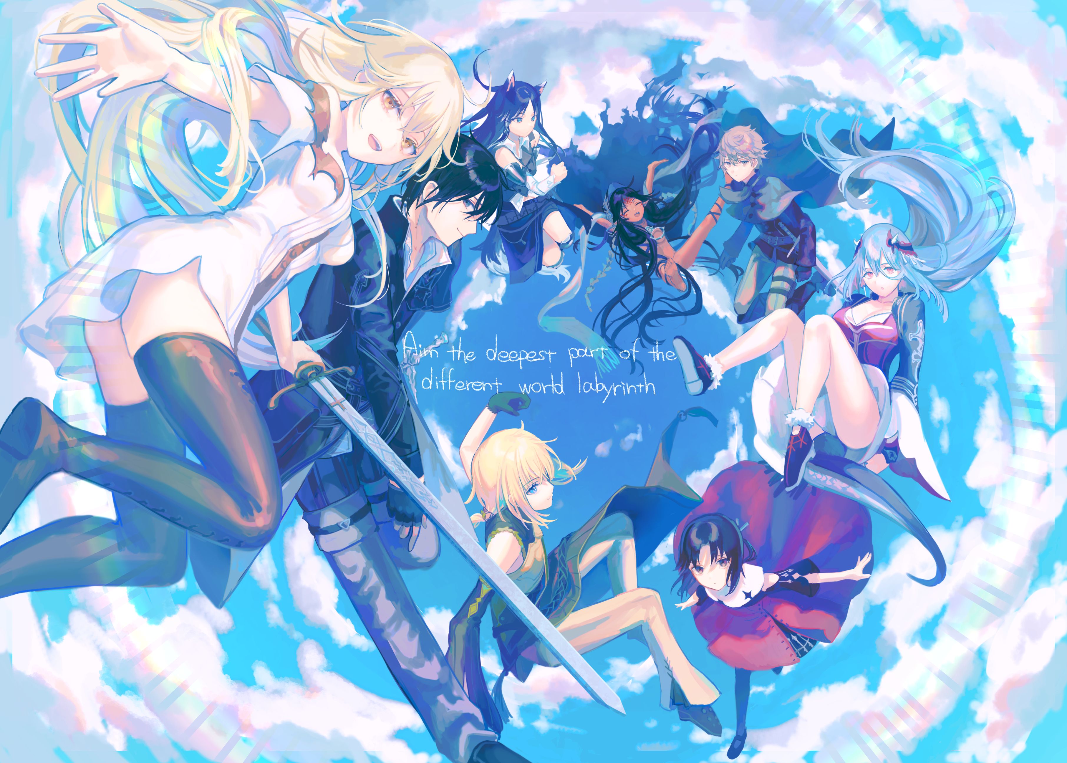 nomuraumu, aikawa kanami, lastiara whoseyards, isekai meikyuu no saishinbu wo mezasou, absurdres, highres, 2boys, 6+girls, animal ears, barefoot, black hair, blonde hair, blue eyes, blue hair, blue sky, brown hair, closed eyes, copyright name, dark-skinned female, dark skin, diablo sith, dragon girl, dragon horns, dress, english text, expressionless, gloves, green gloves, grim rim reaper, hair between eyes, holding, holding sword, holding weapon, horns, liner hellvilleshine, long hair, maria disutrus, midair, multiple boys, multiple girls, open mouth, pointy ears, sera radiant, sky, smile, snow walker, sword, tail, weapon, wolf ears, wolf girl, wolf tail, yellow eyes