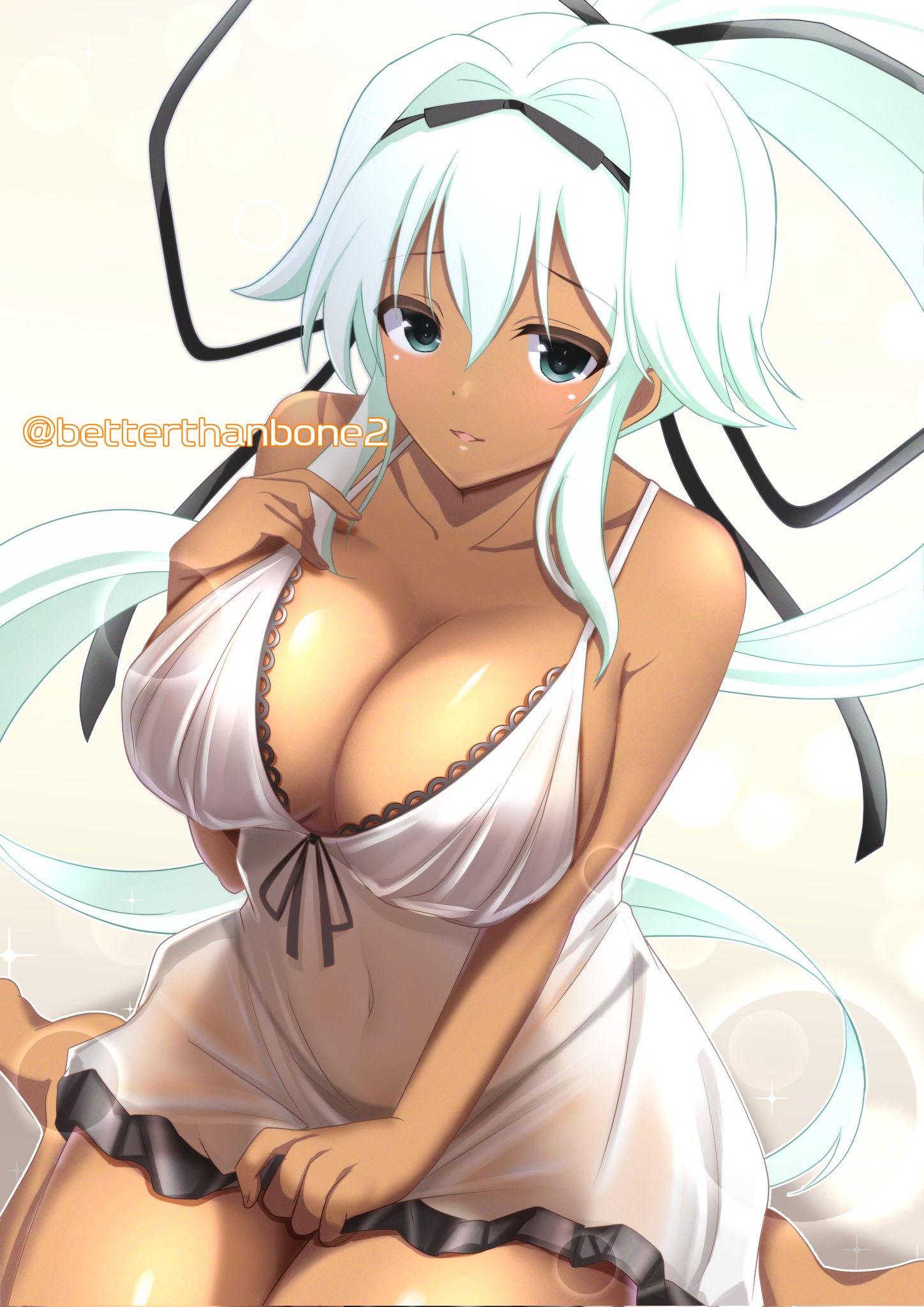 betterthanbone2, yuyaki (senran kagura), senran kagura, highres, 1girl, aqua eyes, barefoot, black ribbon, breasts, cleavage, collarbone, dark-skinned female, dark skin, hair between eyes, hair ribbon, high ponytail, large breasts, long hair, looking at viewer, nightgown, parted lips, ponytail, ribbon, see-through clothes, smile, solo, twitter username, very long hair, white hair