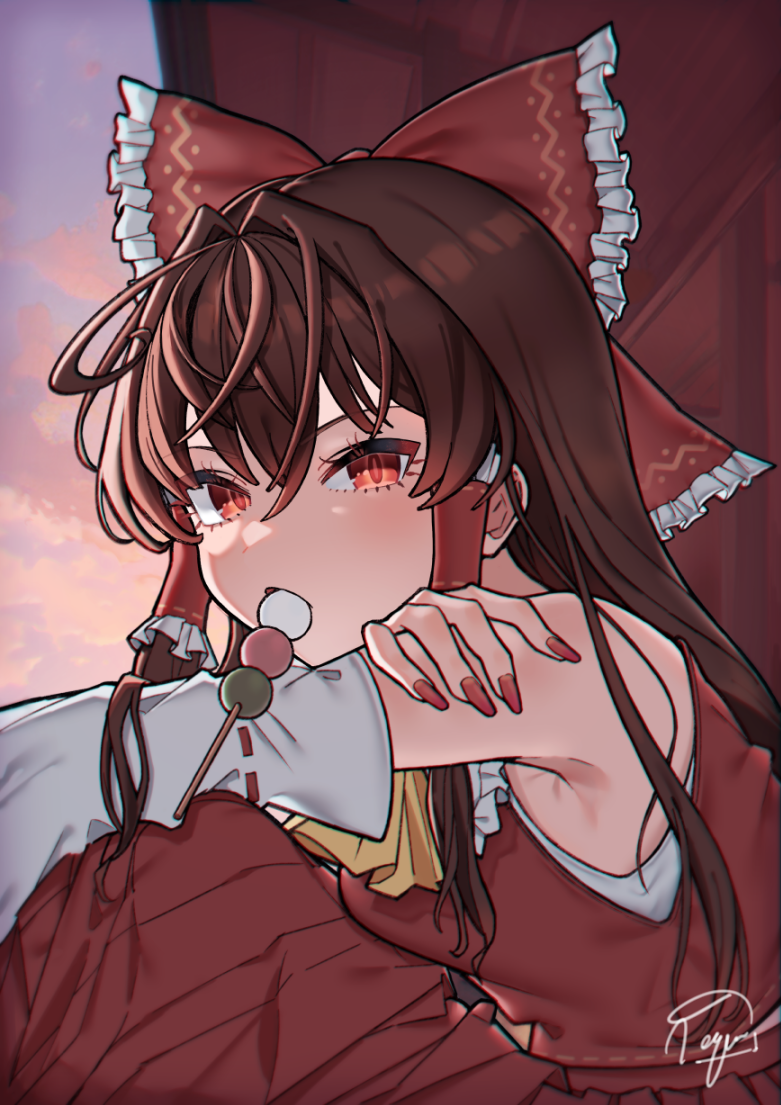 tegami (seka), hakurei reimu, touhou, commentary request, 1girl, ascot, bow, breasts, brown hair, dango, detached sleeves, eating, food, food in mouth, frilled bow, frilled hair tubes, frills, hair bow, hair tubes, long hair, looking at viewer, mouth hold, red bow, red eyes, red nails, red skirt, ribbon-trimmed sleeves, ribbon trim, sanshoku dango, signature, skewer, skirt, skirt set, solo, wagashi, yellow ascot