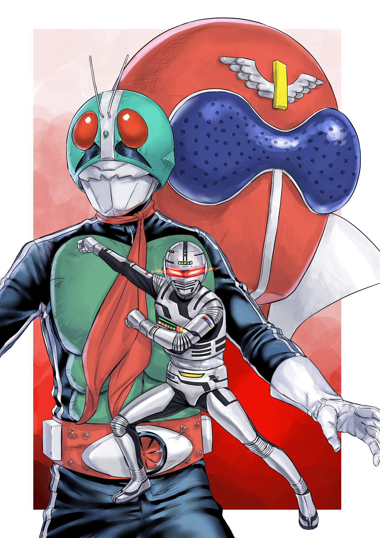 kuppipi ramutarou, aka ranger, gavan, kamen rider 1, himitsu sentai gorenger, kamen rider, kamen rider (1st series), metal hero, super sentai, uchuu keiji gavan, highres, 3boys, armor, close-up, compound eyes, cowboy shot, full body, green armor, green helmet, helmet, male focus, multiple boys, red eyes, red helmet, simple background, tokusatsu, typhoon (kamen rider)