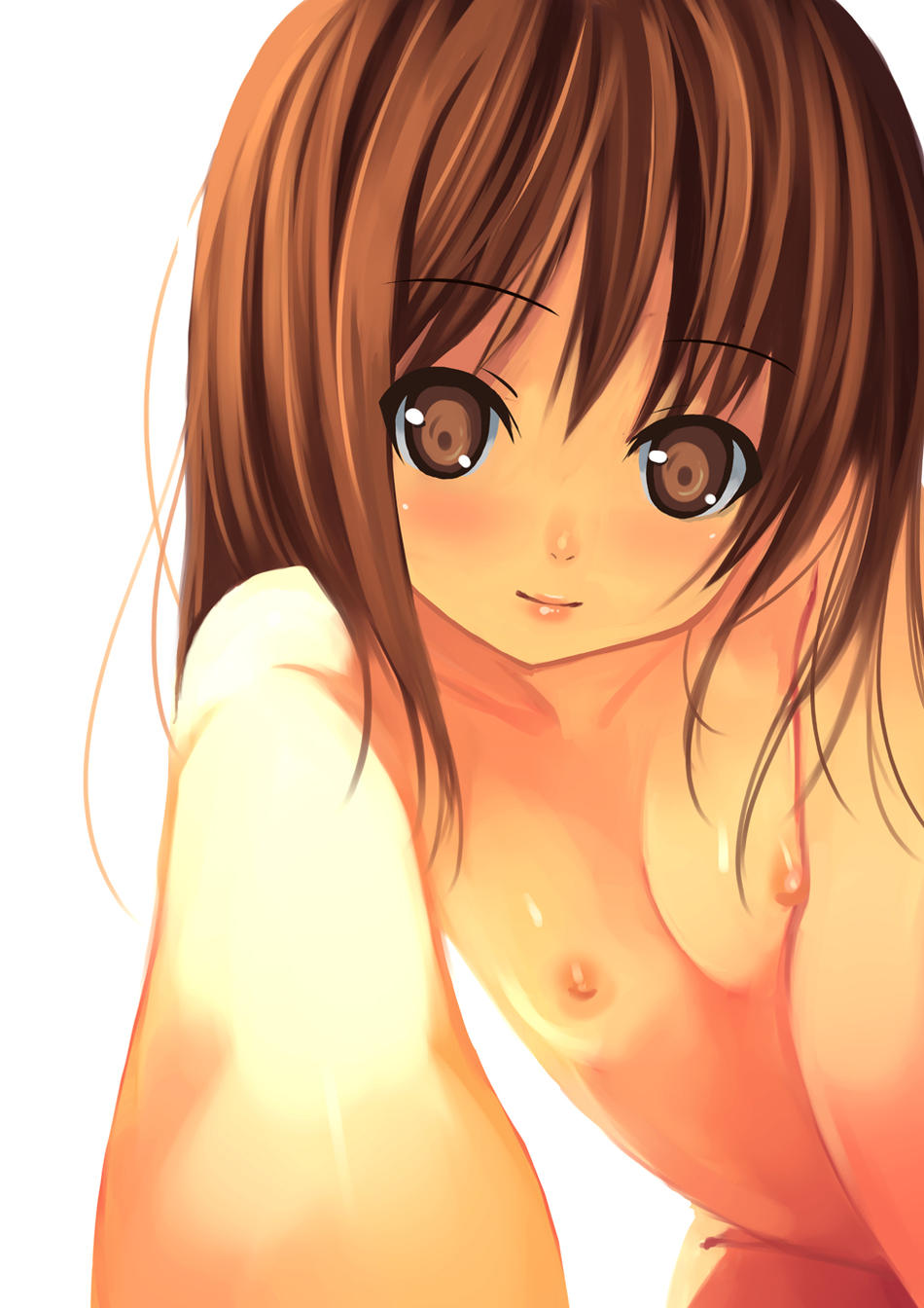 kagura mizuki, character request, highres, non-web source, source request, blush, brown eyes, brown hair, flat chest, long hair, nipples, nude, pov, solo