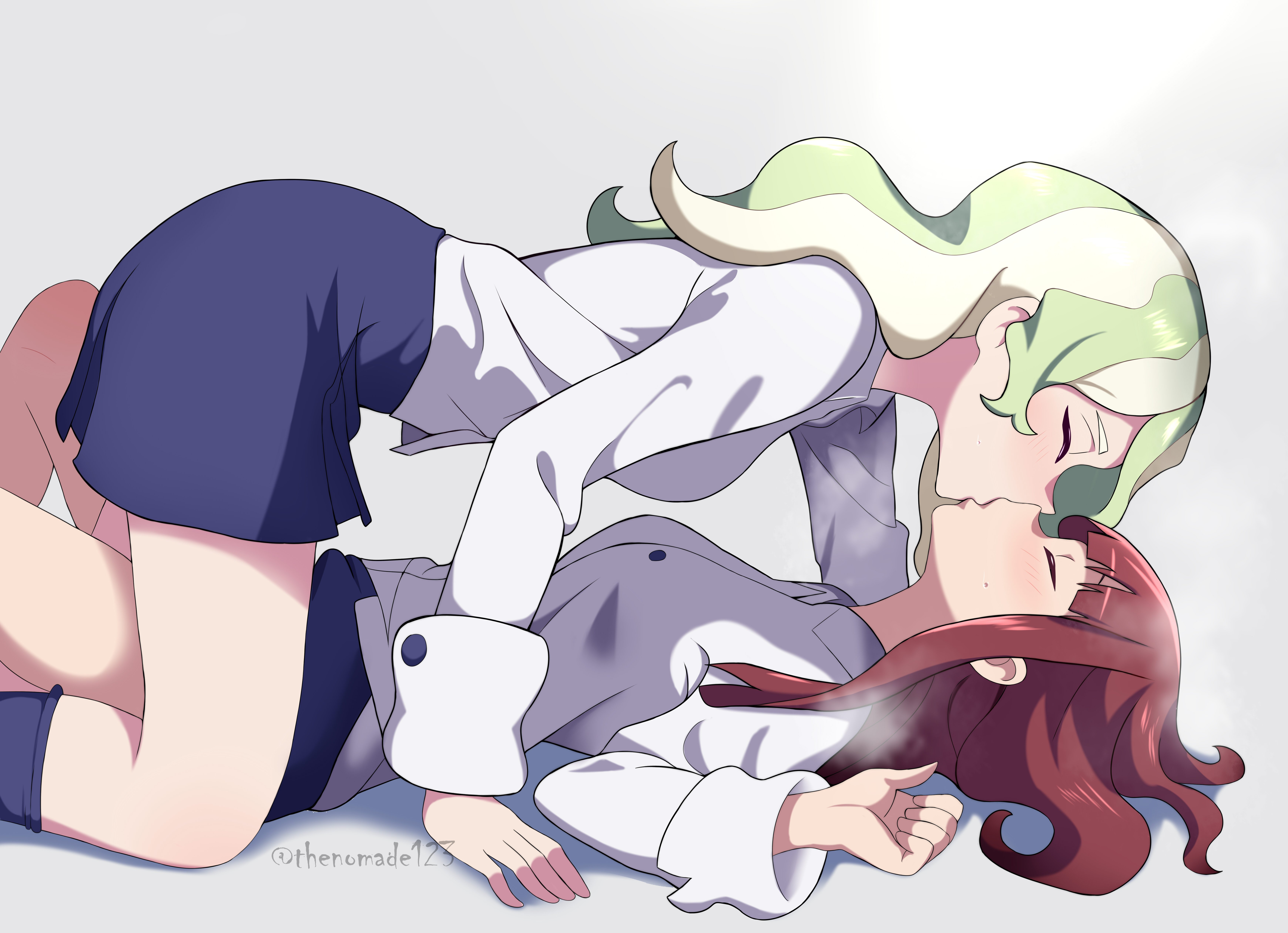 thenomade123, diana cavendish, kagari atsuko, little witch academia, absurdres, highres, 2girls, all fours, ass, blonde hair, blue skirt, breasts, breath, brown hair, closed eyes, collared shirt, green hair, kiss, long hair, long sleeves, luna nova school uniform, lying, medium breasts, miniskirt, multicolored hair, multiple girls, on back, school uniform, shirt, simple background, skirt, sweat, two-tone hair, white shirt, yuri