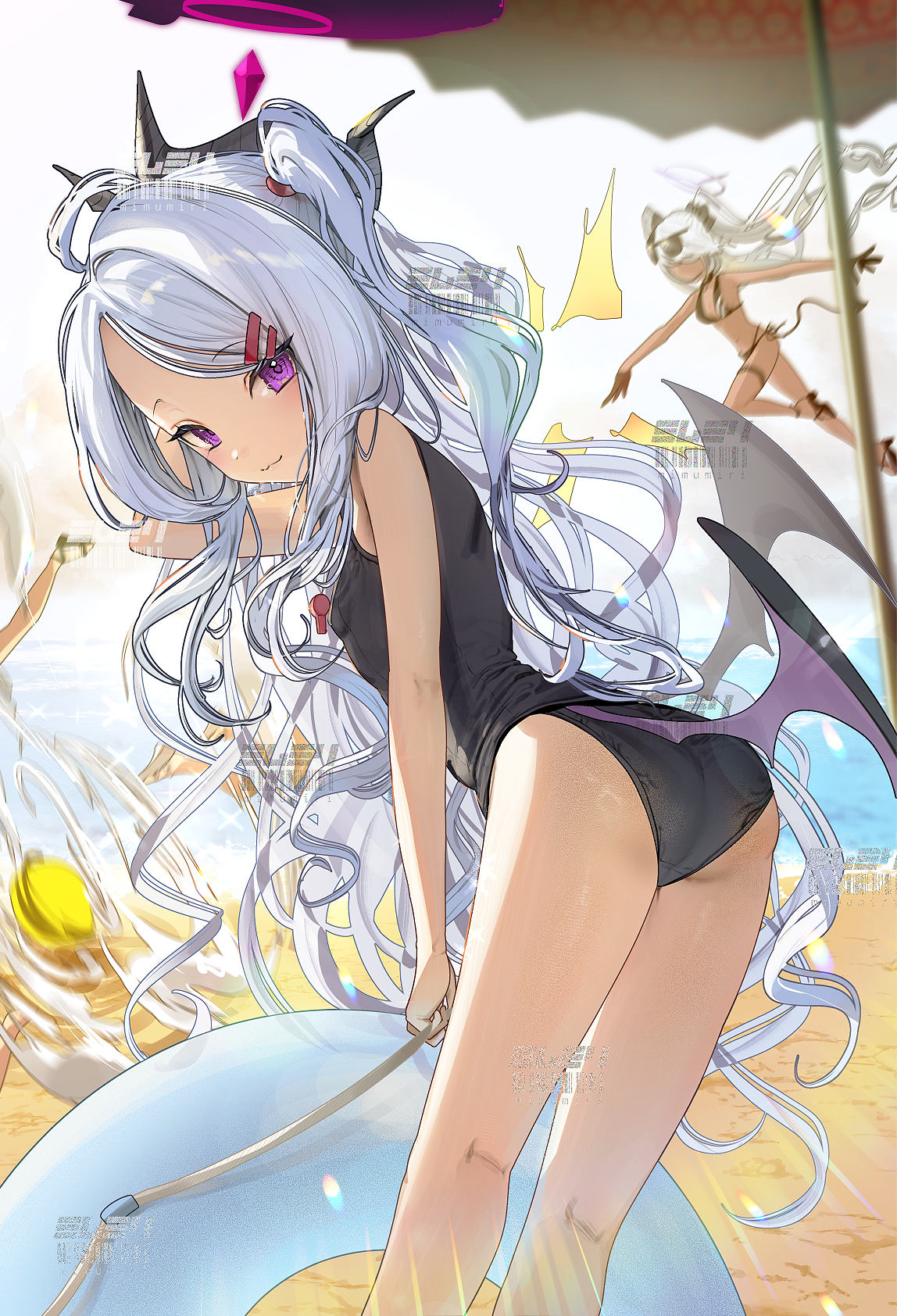 oomabiblogo2, hina (blue archive), hina (swimsuit) (blue archive), iori (blue archive), iori (swimsuit) (blue archive), blue archive, commentary request, highres, 2girls, ahoge, ass, back, bikini, black bikini, black halo, breasts, dark-skinned female, dark skin, day, demon girl, demon horns, demon wings, halo, horns, long hair, looking at viewer, multiple girls, ocean, old school swimsuit, purple eyes, school swimsuit, small breasts, standing, swimsuit, tail, twintails, white hair, wings