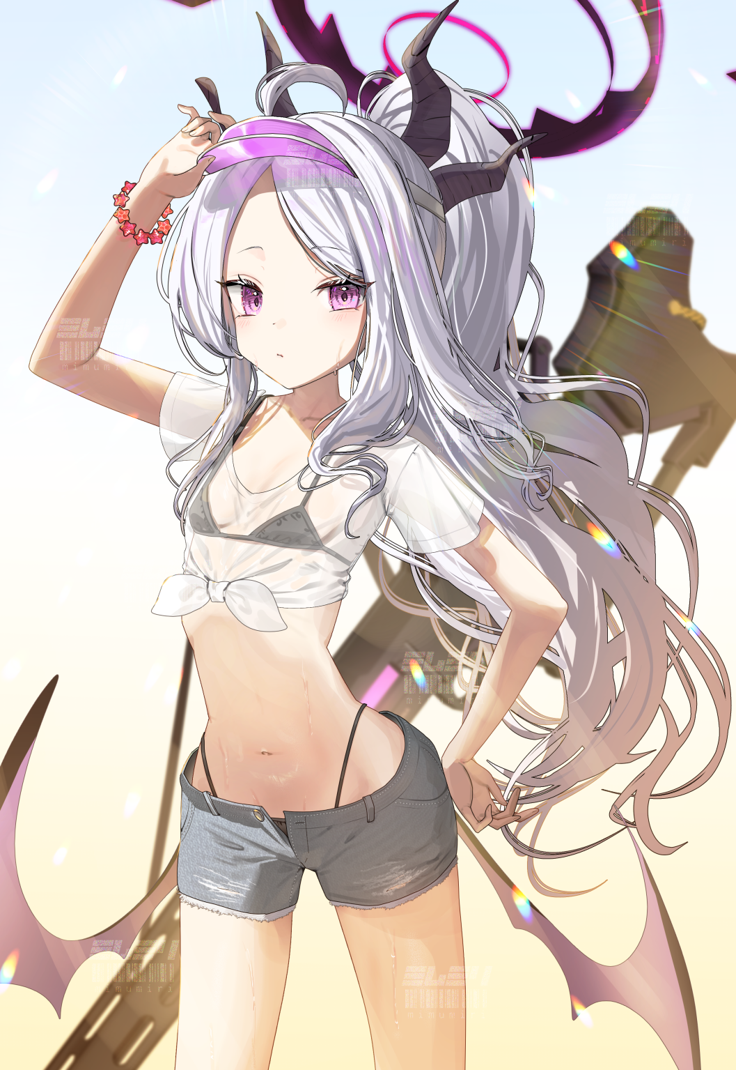 oomabiblogo2, hina (blue archive), blue archive, highres, 1girl, ahoge, alternate costume, alternate hairstyle, armlet, bikini, bikini under clothes, demon horns, demon wings, denim, denim shorts, front-tie top, gun, halo, hand on headwear, highleg, highleg bikini, horns, jewelry, lens flare, light particles, long hair, long sidelocks, looking at viewer, low wings, machine gun, mg42, navel, parted bangs, ponytail, purple eyes, purple halo, see-through clothes, see-through shirt, shirt, short sleeves, shorts, sidelocks, solo, stomach, sweat, swimsuit, torn clothes, torn shorts, visor cap, watermark, weapon, white hair, wings