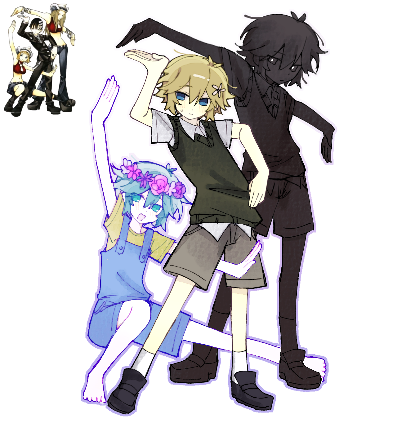 mo42144, basil (faraway) (omori), basil (headspace) (omori), basil (omori), death the kid, elizabeth thompson, patricia thompson, stranger (omori), omori, soul eater, chinese commentary, commentary request, highres, 3boys, antenna hair, bare shoulders, black eyes, black sclera, black shoes, black skin, blonde hair, blue eyes, blue overalls, blush, bright pupils, closed mouth, collared shirt, colored sclera, colored skin, double-parted bangs, dual persona, flower, full body, green eyes, green hair, green sweater vest, grey shorts, hair between eyes, hair flower, hair ornament, head wreath, looking at viewer, male focus, multiple boys, navel, open mouth, overalls, reference inset, shirt, shoes, short hair, short sleeves, shorts, simple background, smile, socks, standing, sweatdrop, sweater vest, t-shirt, white background, white pupils, white shirt, white skin, white socks, yellow shirt