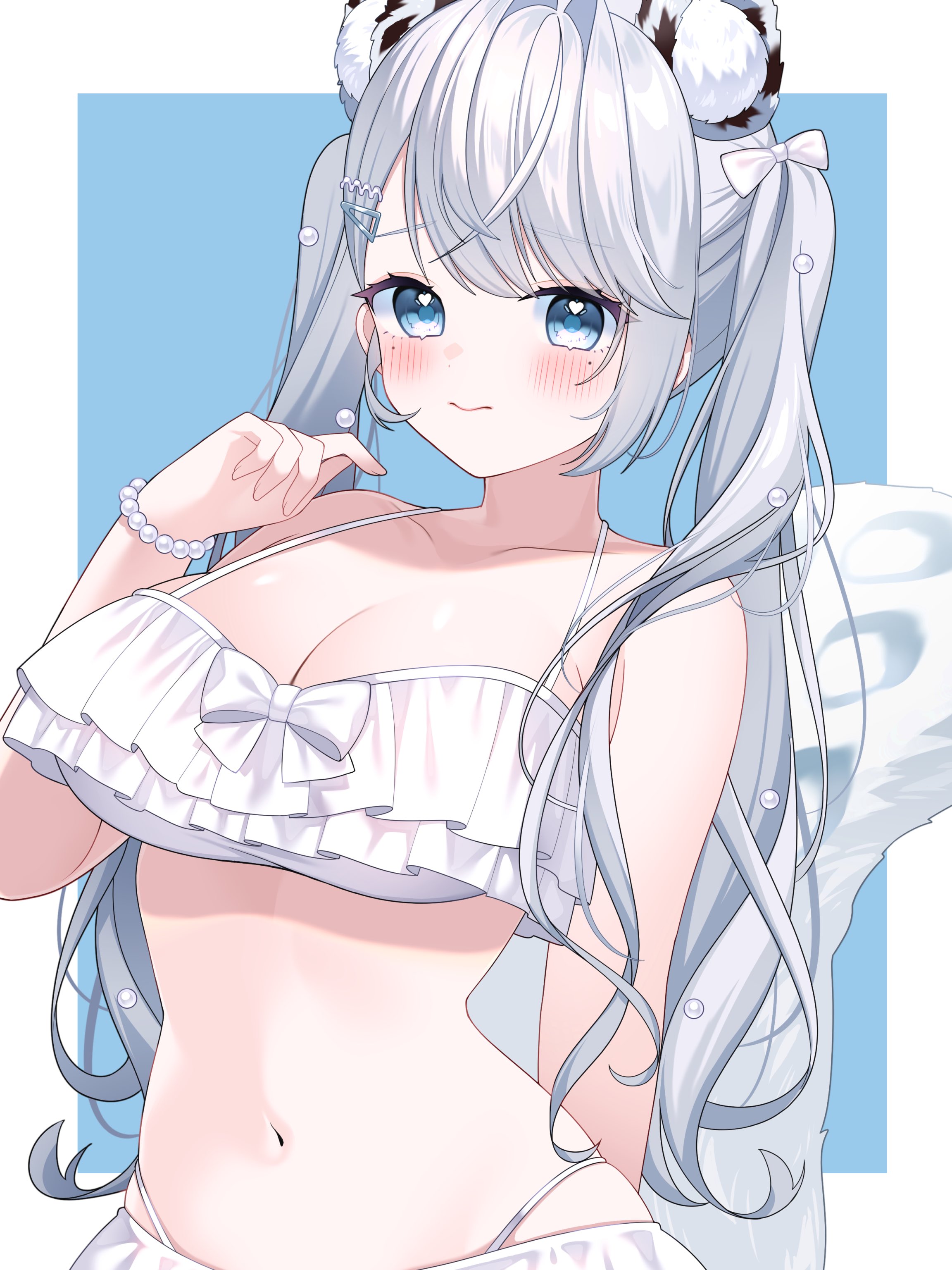 null maru, ren kohaku (vtuber), indie virtual youtuber, absurdres, artist request, check artist, highres, second-party source, 1girl, 3:, bare shoulders, bead bracelet, beads, bikini, blue eyes, blush, bracelet, breasts, cleavage, closed mouth, extra ears, frilled bikini, frills, halterneck, hand up, jewelry, large breasts, long hair, looking at viewer, mole, mole under eye, navel, snow leopard ears, snow leopard girl, snow leopard tail, solo, stomach, string bikini, swimsuit, tail raised, twintails, two-tone background, upper body, very long hair, virtual youtuber, white bikini, white hair