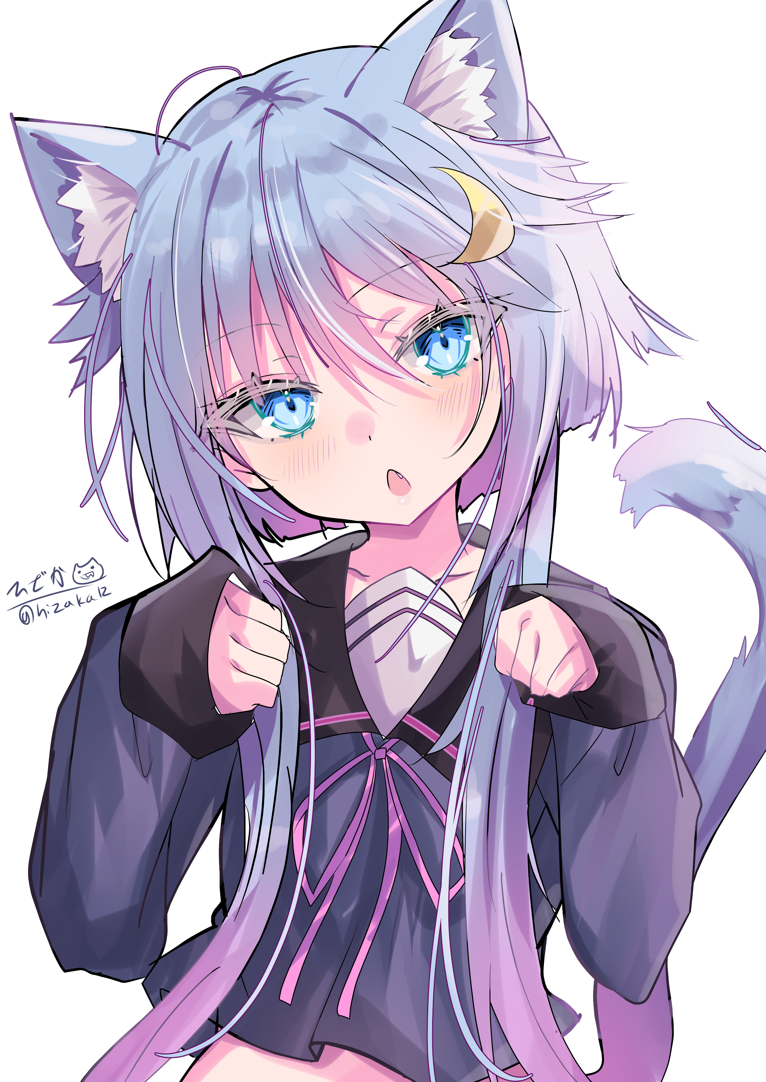 hizaka, yayoi (kancolle), kantai collection, absurdres, highres, 1girl, animal ears, blue eyes, blue hair, blush, cat ears, cat tail, crescent, crescent hair ornament, fang, gradient hair, hair ornament, kemonomimi mode, looking at viewer, multicolored hair, open mouth, paw pose, pink hair, short hair with long locks, solo, tail, twitter username, upper body