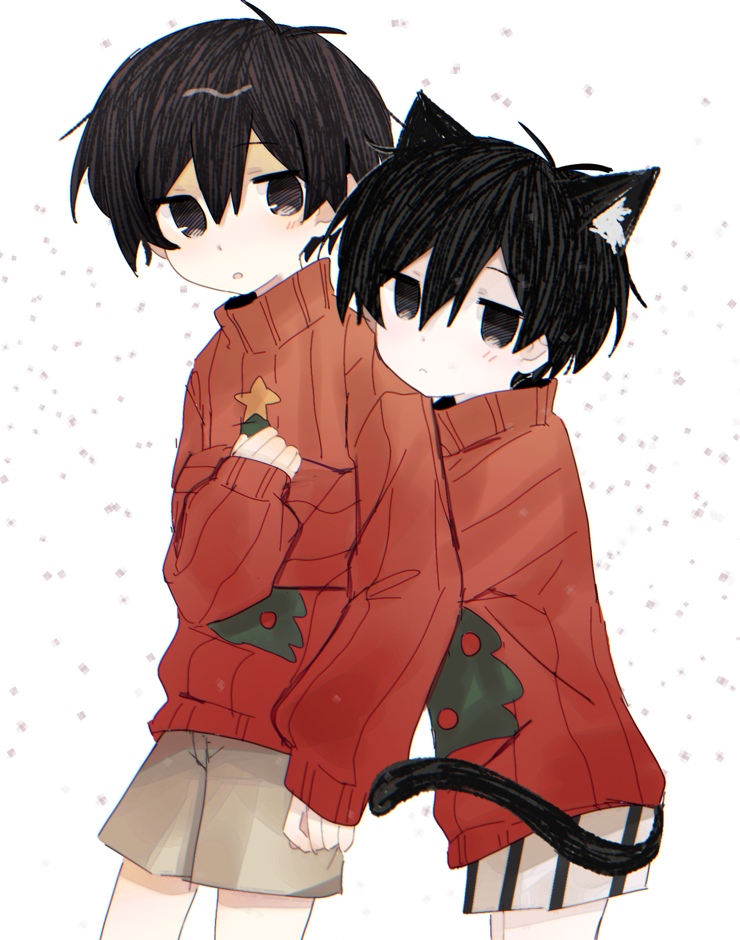 mo42144, omori (omori), sunny (omori), omori, chinese commentary, commentary request, highres, 2boys, :<, :o, animal ear fluff, animal ears, antenna hair, arm at side, black hair, black shorts, black tail, brown shorts, cat boy, cat ears, cat tail, christmas sweater, chromatic aberration, closed mouth, cowboy shot, double-parted bangs, dual persona, empty eyes, hair between eyes, hatching (texture), hug, hug from behind, kemonomimi mode, long sleeves, looking at viewer, male focus, multiple boys, no pupils, pale skin, parted lips, puffy long sleeves, puffy sleeves, red sweater, ribbed sweater, short hair, shorts, simple background, sleeves past wrists, standing, striped clothes, striped shorts, sweater, tail, turtleneck, turtleneck sweater, two-tone shorts, vertical-striped clothes, vertical-striped shorts, white background, white shorts