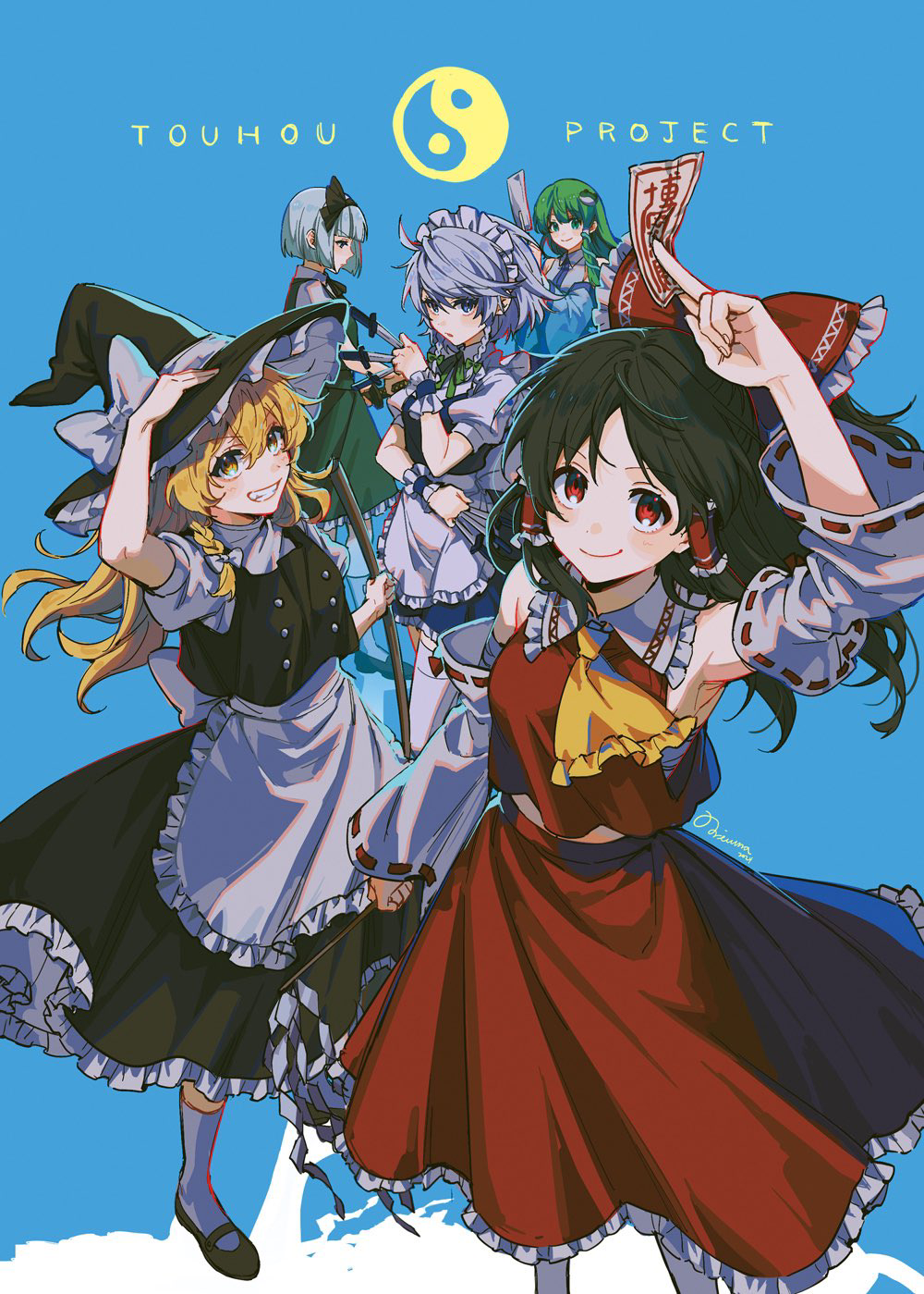noriuma, hakurei reimu, izayoi sakuya, kirisame marisa, kochiya sanae, konpaku youmu, touhou, commentary request, highres, making-of available, 5girls, apron, arm up, armpits, ascot, between fingers, black hair, black hairband, black hat, black skirt, black vest, blonde hair, blue background, blue dress, blue eyes, blue hair, bob cut, bow, braid, broom, closed mouth, collared shirt, copyright name, detached sleeves, dress, frilled bow, frilled hair tubes, frilled skirt, frills, frog hair ornament, green bow, green eyes, green hair, green skirt, green vest, grey hair, grin, hair bow, hair ornament, hair tubes, hairband, hat, hat bow, holding, holding broom, holding knife, holding sword, holding weapon, katana, knife, long hair, looking at viewer, maid, maid headdress, multiple girls, ofuda, ofuda between fingers, puffy short sleeves, puffy sleeves, red bow, red eyes, red skirt, ribbon-trimmed sleeves, ribbon trim, sheath, sheathed, shirt, short sleeves, side braid, single hair tube, skirt, skirt set, smile, snake hair ornament, socks, sword, twin braids, vest, waist apron, weapon, white apron, white bow, white hair, white shirt, white sleeves, white socks, witch hat, wrist cuffs, yellow ascot, yellow eyes, yin yang