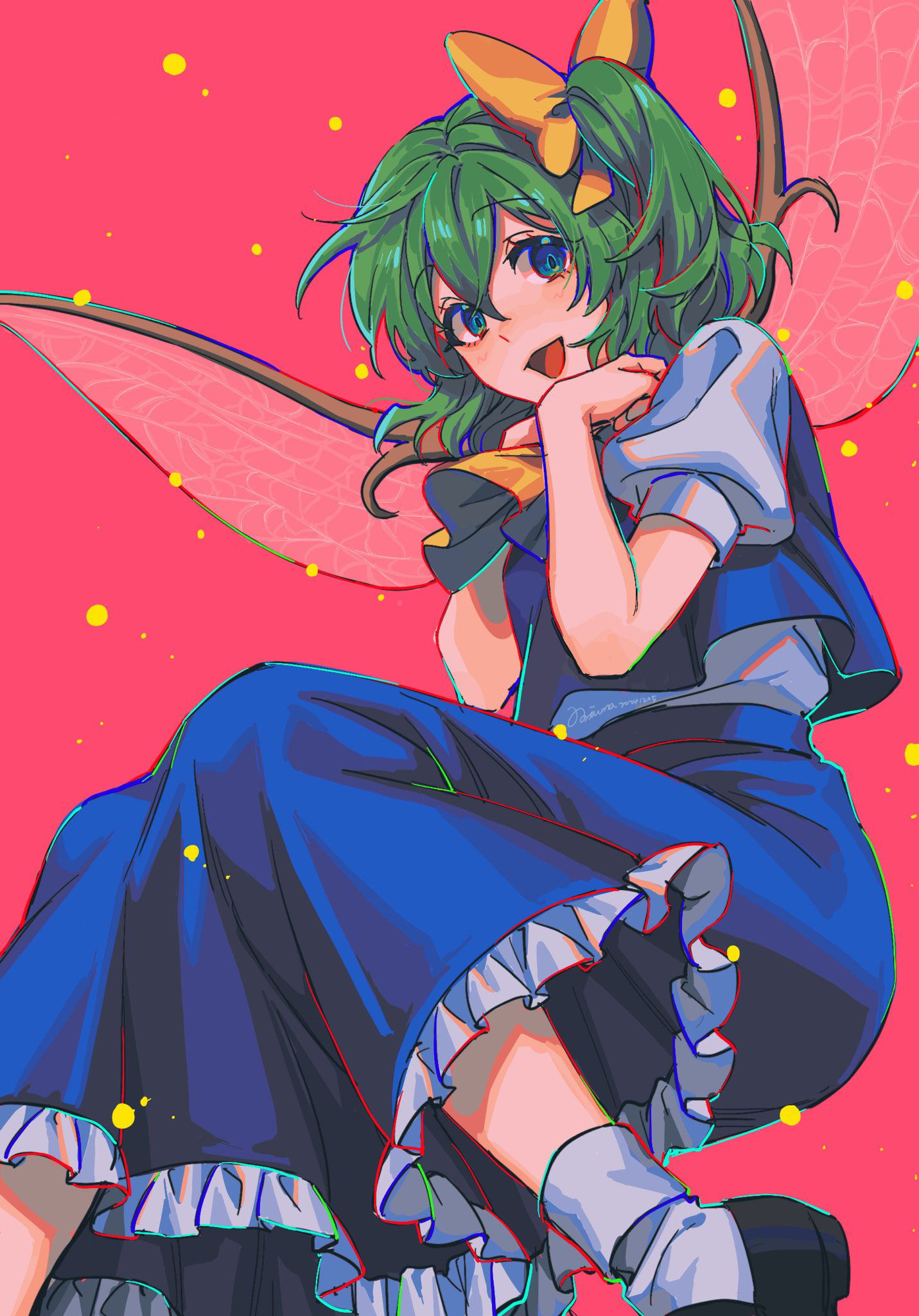 noriuma, daiyousei, touhou, commentary request, highres, 1girl, black shoes, blue eyes, blue skirt, blue vest, bow, fairy, fairy wings, frilled skirt, frills, green hair, hair bow, long skirt, looking at viewer, open mouth, pink background, shoes, side ponytail, skirt, smile, socks, solo, vest, white socks, wings, yellow bow