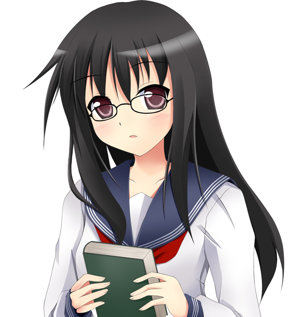 narumi (artist), narumi yuu (imitmoon), book, glasses, long hair, school uniform, serafuku, solo