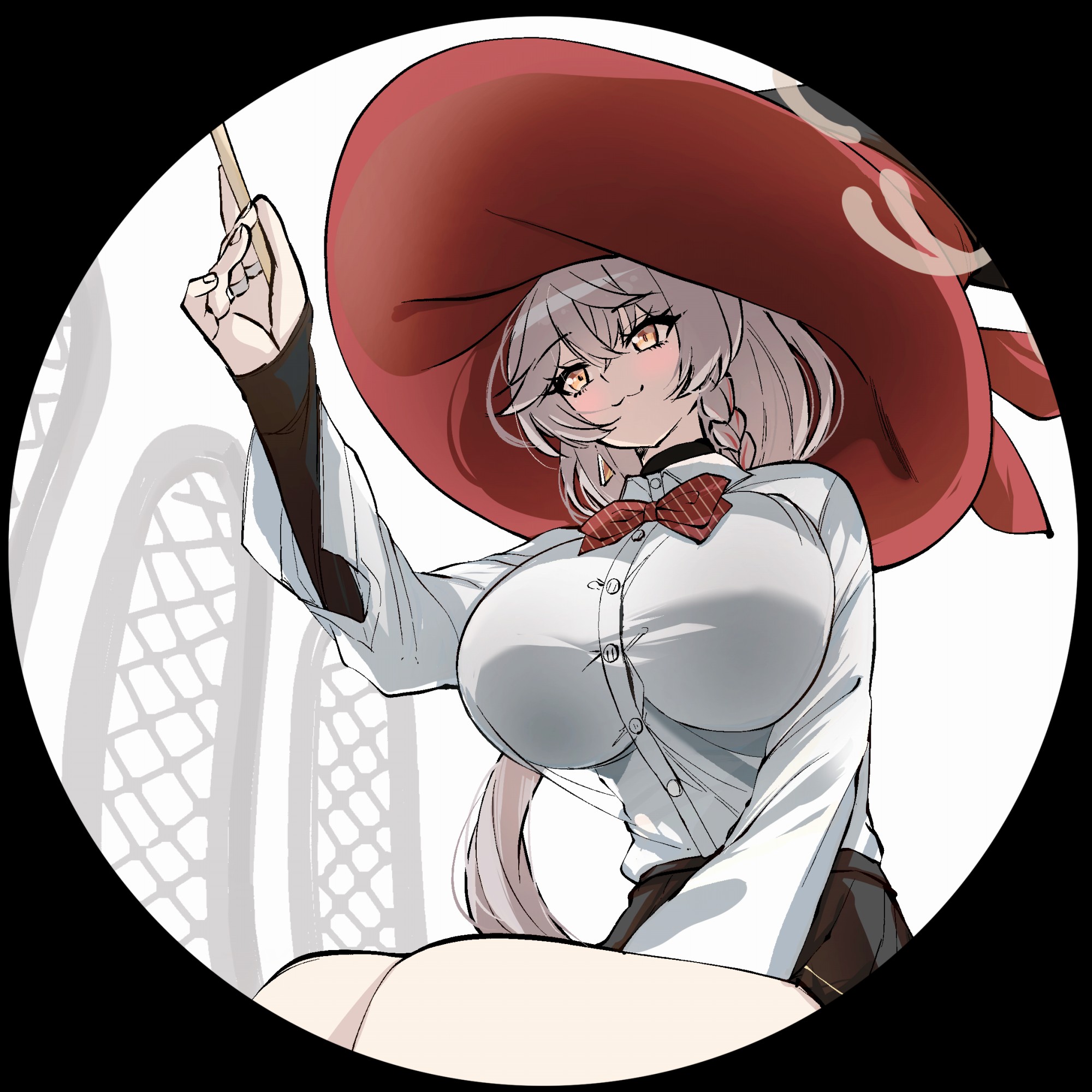 hato haru, eri (blue archive), blue archive, highres, :3, breasts, brown halo, grey hair, halo, hat, jewelry, large breasts, long sleeves, multiple rings, ring, shirt, side halo, tilted halo, white shirt, witch hat, yellow eyes