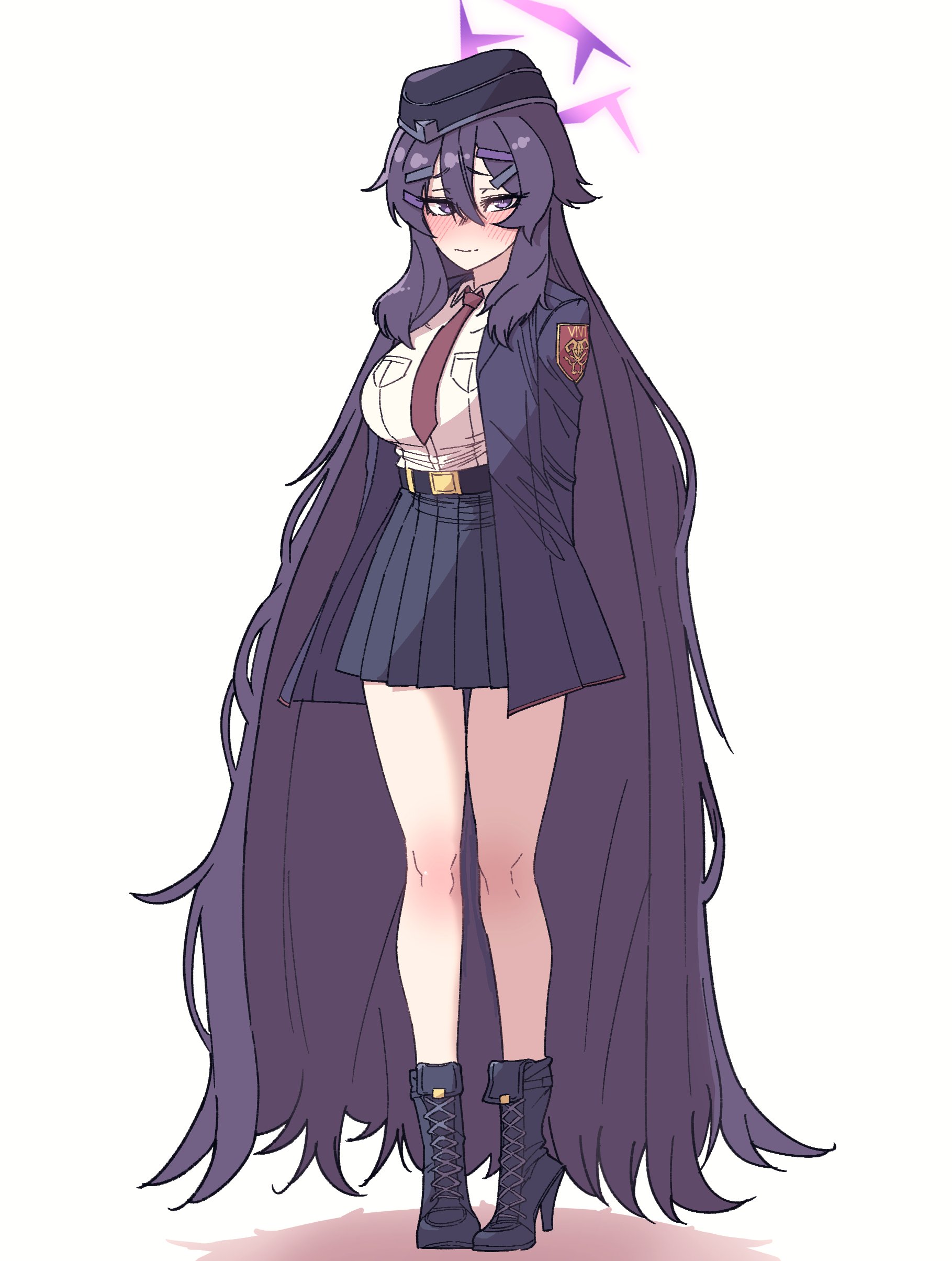 anygatsby, haruka (blue archive), blue archive, absurdres, commission, highres, 1girl, alternate breast size (larger), alternate hairstyle, bag, black hair, blush, boots, breasts, full body, hair between eyes, hair ornament, hairclip, halo, hat, large breasts, long hair, looking at viewer, military hat, necktie, pleated skirt, purple eyes, purple halo, red necktie, school bag, school uniform, skirt, solo, very long hair