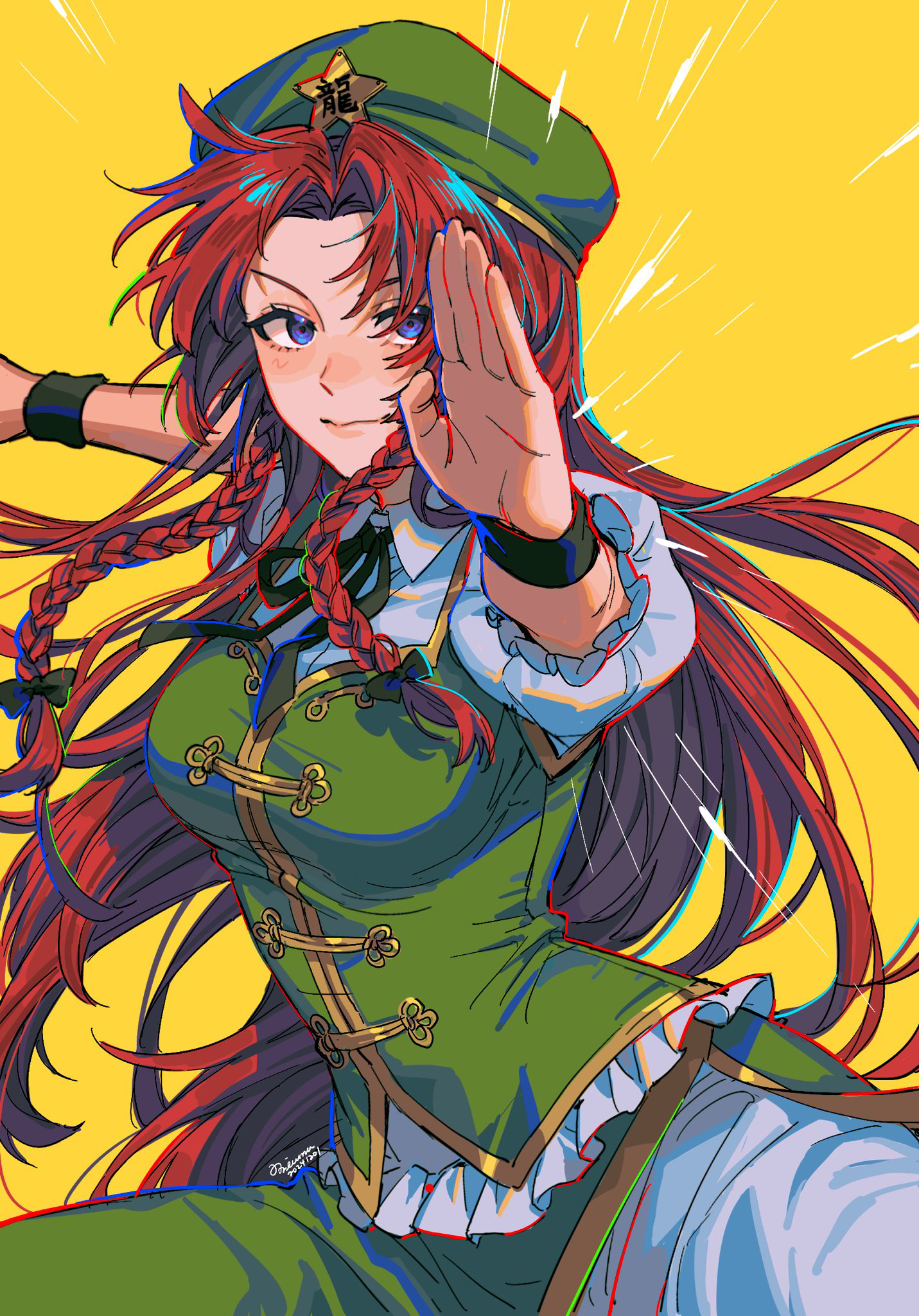 noriuma, hong meiling, touhou, commentary request, highres, 1girl, beret, black ribbon, blue eyes, bow, braid, breasts, closed mouth, collared shirt, cowboy shot, curtained hair, dated, emphasis lines, fighting stance, floating hair, frilled sleeves, frills, gold trim, green hat, green skirt, green vest, hair bow, hat, hat ornament, kung fu, long hair, looking at viewer, multiple hair bows, neck ribbon, outstretched arm, pants, pants under skirt, puffy short sleeves, puffy sleeves, red hair, ribbon, shirt, short sleeves, side braids, side slit, signature, skirt, solo, star (symbol), star hat ornament, v-shaped eyebrows, very long hair, vest, white pants, white shirt, yellow background
