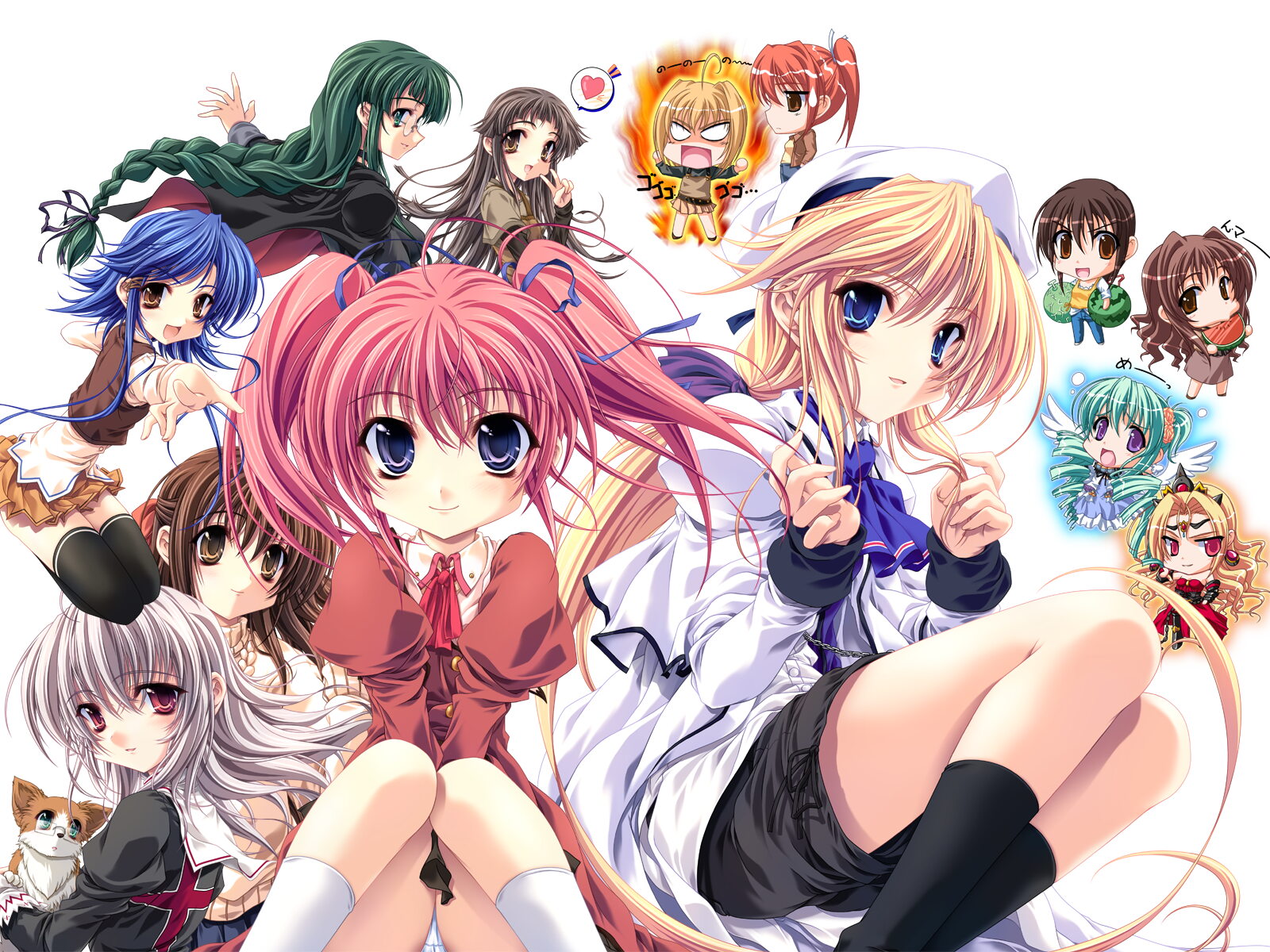 miyama-zero, fujiwara benio, harada hikari, heathcliff cosgrave, honjou ayahito, kashima kiyomi, kashima sachiko, katsuragi kao, kishi aimi, kishi shouko, nonohara nonono, ousaka haruna, sakurami shieru, princess brave, character request, highres, 6+girls, ahoge, angel wings, angry, beret, black hair, blonde hair, blue eyes, blue hair, braid, brown eyes, brown hair, chibi, cross, dog, everyone, food, fruit, glasses, green eyes, green hair, grey hair, hair ribbon, hat, heart, long hair, multiple girls, outstretched arm, outstretched hand, panties, pantyshot, pink hair, ponytail, purple eyes, reaching, red eyes, red hair, ribbon, shorts, side ponytail, sitting, smile, socks, twintails, underwear, v, very long hair, watermelon, white panties, wings