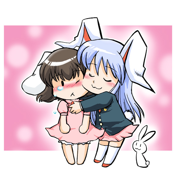 azuki osamitsu, inaba tewi, reisen udongein inaba, touhou, 2girls, animal ears, barefoot, black hair, blush, chibi, comforting, female focus, hug, multiple girls, rabbit, rabbit ears, rabbit tail, tail, tears