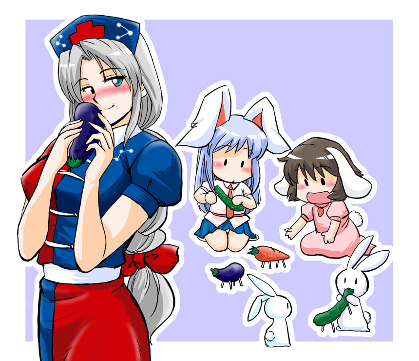 azuki osamitsu, inaba tewi, reisen udongein inaba, yagokoro eirin, touhou, 3girls, animal ears, black hair, brown hair, carrot, chibi, cucumber, eggplant, female focus, long hair, multiple girls, panties, plant, rabbit, rabbit ears, rabbit tail, short hair, shouryouuma, sitting, standing, tail, underwear, white hair