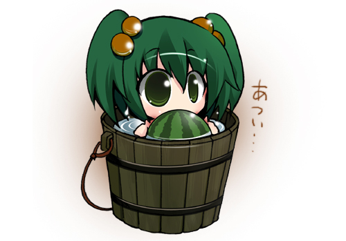 tomatomato (tomato kanzume), kisume, touhou, lowres, 1girl, bucket, female focus, food, fruit, green eyes, green hair, hair bobbles, hair ornament, holding, holding food, holding fruit, holding watermelon, in bucket, in container, matching hair/eyes, short twintails, solo, twintails, watermelon