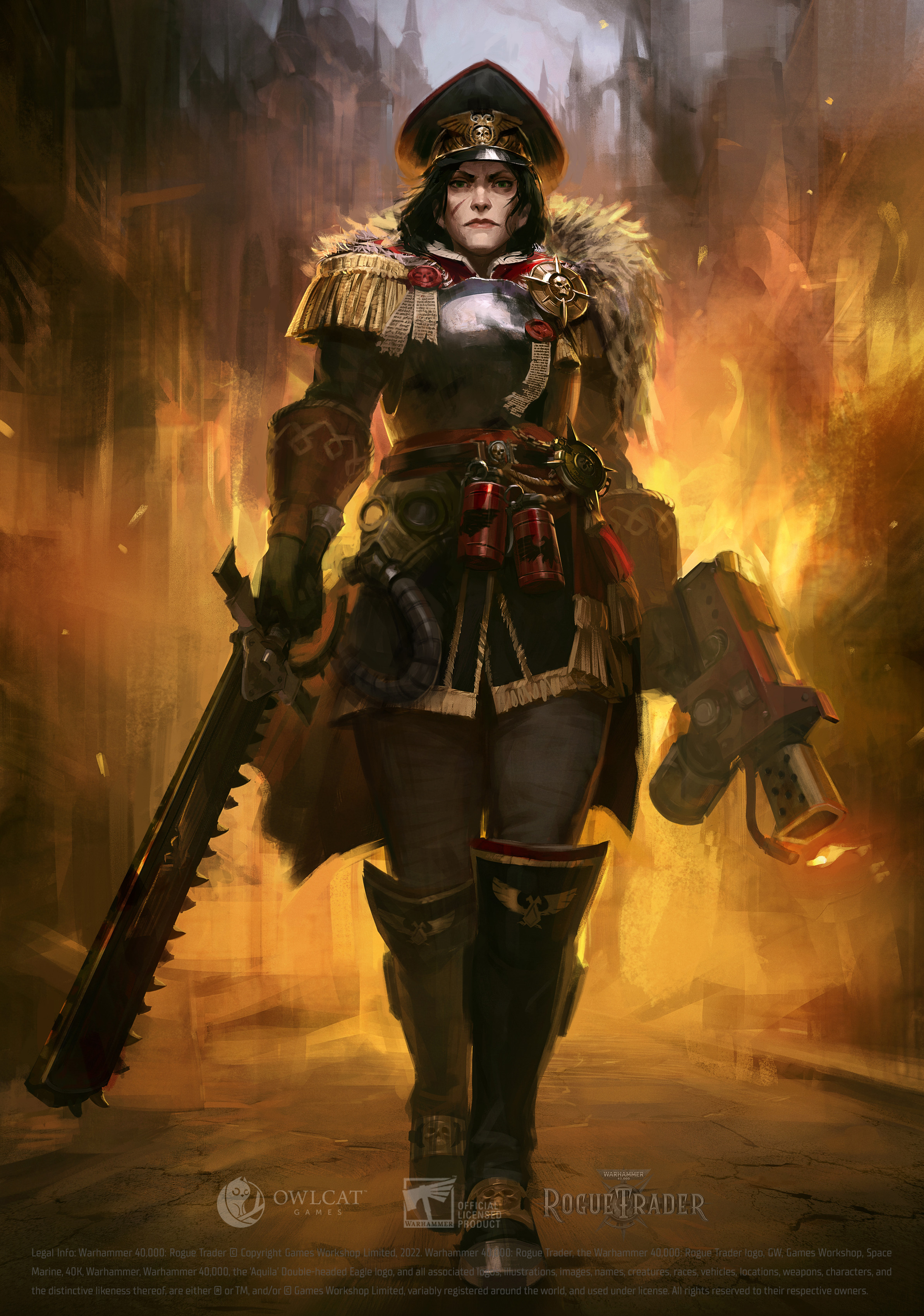 commissar, warhammer 40k, warhammer 40k: rogue trader, absurdres, highres, official art, 1girl, armor, belt, black boots, black gloves, black hair, black hat, bolter, boots, breastplate, chainsword, company name, copyright name, epaulettes, facial scar, fringe trim, full body, gloves, green eyes, hat, holding, holding weapon, knee boots, looking at viewer, maksim kuznetsov, military uniform, realistic, scar, scar on cheek, scar on face, serious, short hair, solo, watermark, weapon