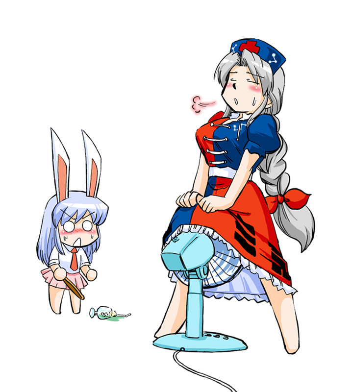 azuki osamitsu, reisen udongein inaba, yagokoro eirin, touhou, 2girls, animal ears, barefoot, blush, chibi, electric fan, fanning crotch, fanning self, female focus, hot, multiple girls, rabbit ears, spill, white hair