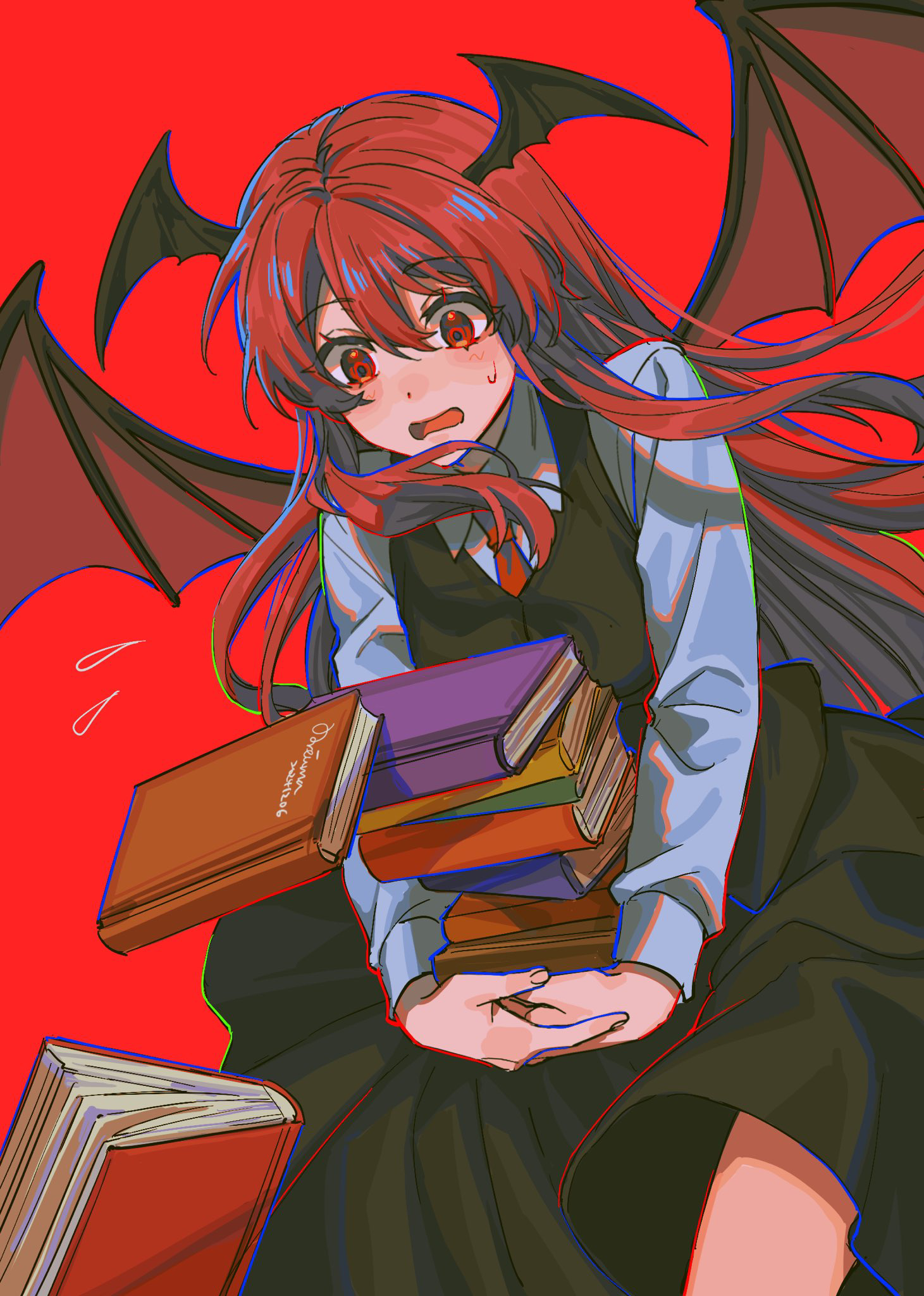 noriuma, koakuma, touhou, commentary request, highres, 1girl, bat wings, black skirt, black vest, black wings, blush, book, book stack, collared shirt, cowboy shot, dot nose, dress shirt, dropping, eyelashes, eyes visible through hair, flat chest, flying sweatdrops, hair between eyes, head wings, long hair, long sleeves, looking down, necktie, red background, red eyes, red hair, red necktie, shirt, sidelocks, simple background, skirt, skirt set, solo, sweatdrop, v arms, very long hair, vest, white shirt, wings