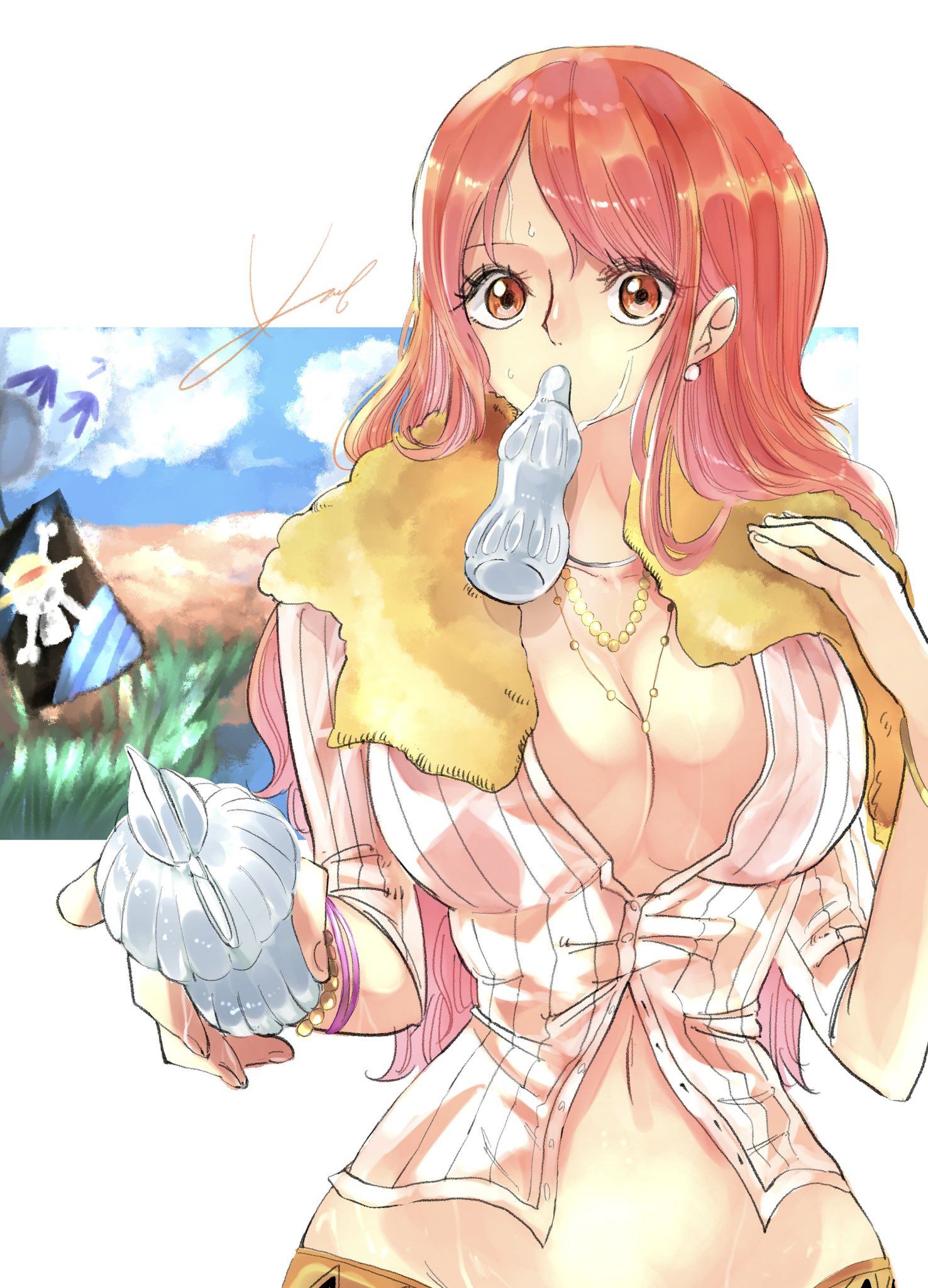 kamat 73, nami (one piece), one piece, commentary request, highres, 1girl, bangle, bead bracelet, beads, blue sky, bottle, bracelet, breasts, cleavage, cloud, cloudy sky, earrings, eyelashes, hair behind ear, holding, jewelry, jolly roger, large breasts, long hair, looking at viewer, midriff, mouth hold, narrow waist, navel, necklace, orange hair, pearl earrings, ribbed shirt, shirt, signature, sky, solo, straw hats jolly roger, sweat, towel, towel around neck, upper body, wavy hair, wet, white shirt