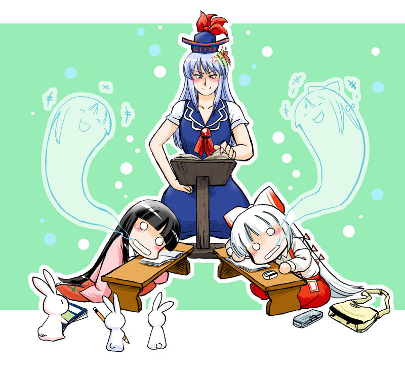 azuki osamitsu, fujiwara no mokou, houraisan kaguya, kamishirasawa keine, tombow mono, touhou, 3girls, :d, anger vein, black hair, blue hair, bow, chibi, eraser, female focus, ghost, giving up the ghost, hair bow, long hair, multiple girls, open mouth, rabbit, school, smile, white hair