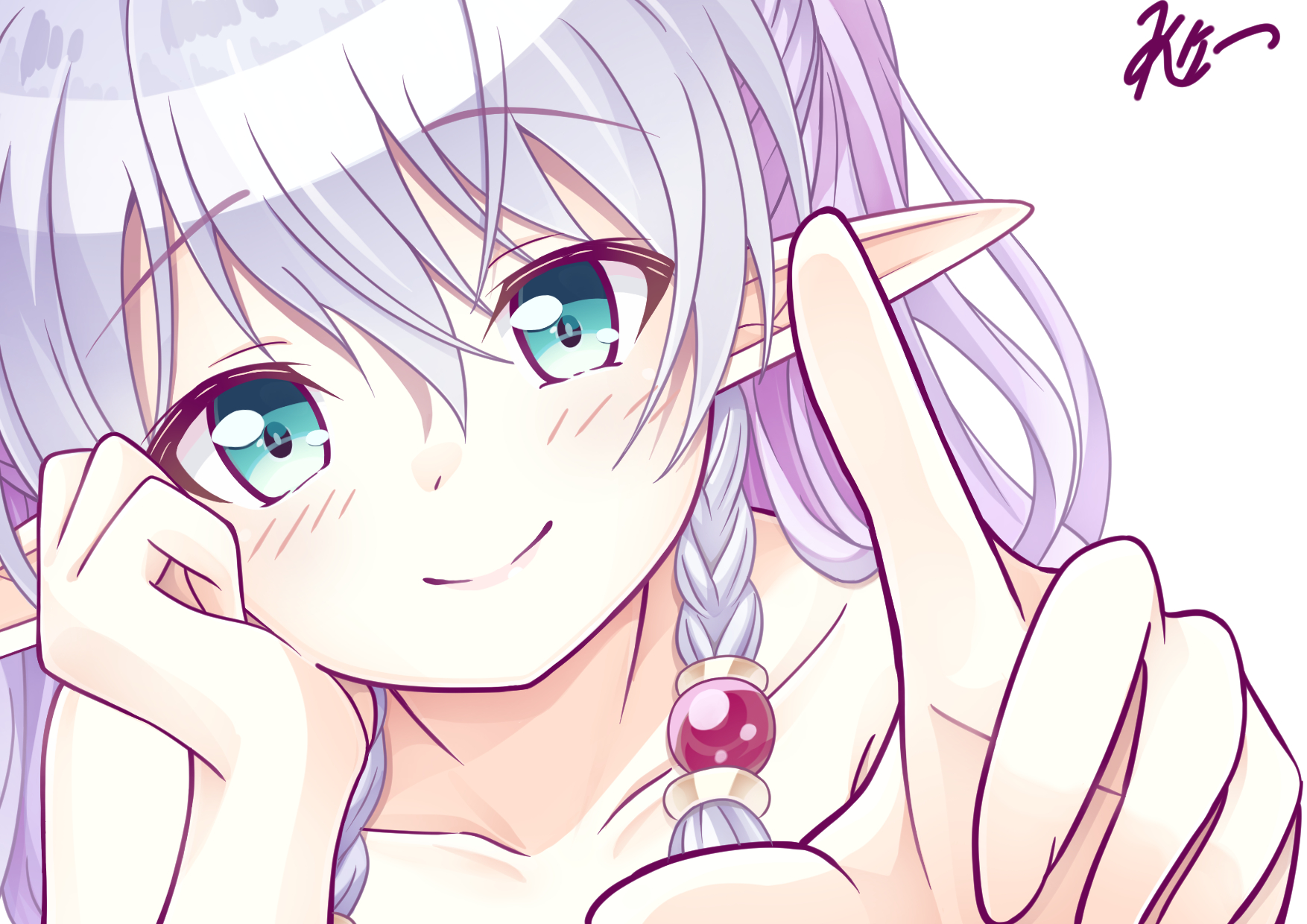 k (nura-rikuo), iris mysteria!, highres, 1girl, artist name, braid, fricka (iris mysteria!), green eyes, hand on own cheek, hand on own face, looking at viewer, nude, pointing, pointing at viewer, pointy ears, signature, smile, solo, two side up, upper body, white background, white hair