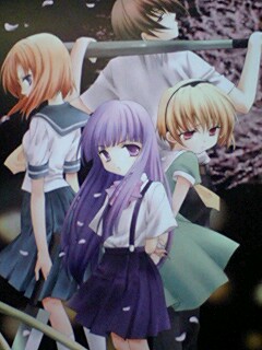 houjou yutori, furude rika, houjou satoko, maebara keiichi, ryuuguu rena, higurashi no naku koro ni, lowres, non-web source, 00s, 1boy, 3girls, back-to-back, baseball bat, blonde hair, green skirt, multiple girls, pantyhose, qvga, school uniform, serafuku, skirt