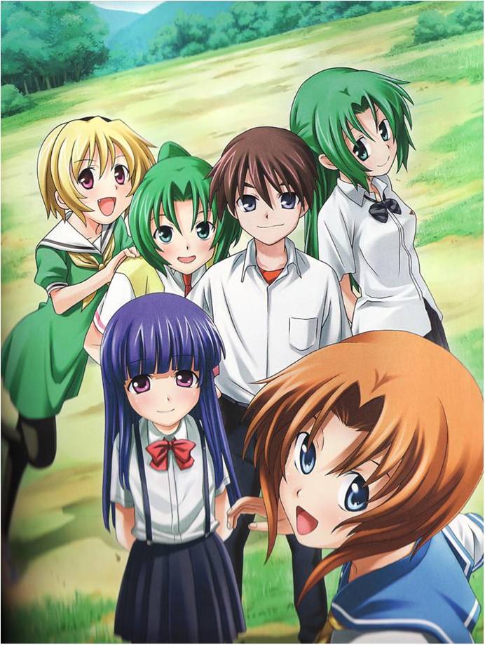 furude rika, houjou satoko, maebara keiichi, ryuuguu rena, sonozaki mion, sonozaki shion, higurashi no naku koro ni, jpeg artifacts, non-web source, 00s, 1boy, 5girls, blonde hair, green skirt, multiple girls, pantyhose, school uniform, serafuku, siblings, sisters, skirt, twins